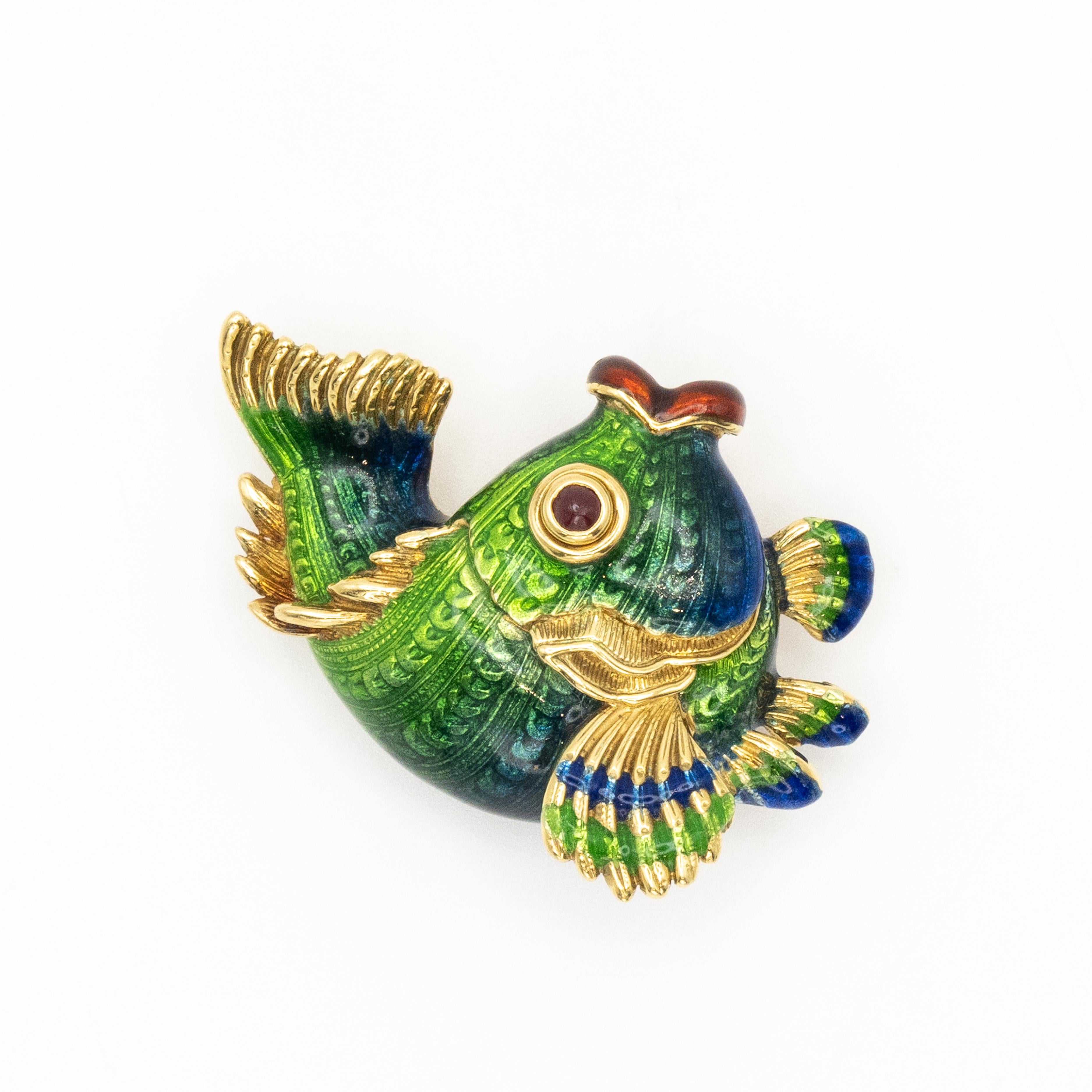 Women's or Men's JUDITH LEIBER 18K Yellow Gold Enamel Fish Brooch
