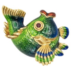 JUDITH LEIBER 18K Yellow Gold Enamel Fish Brooch