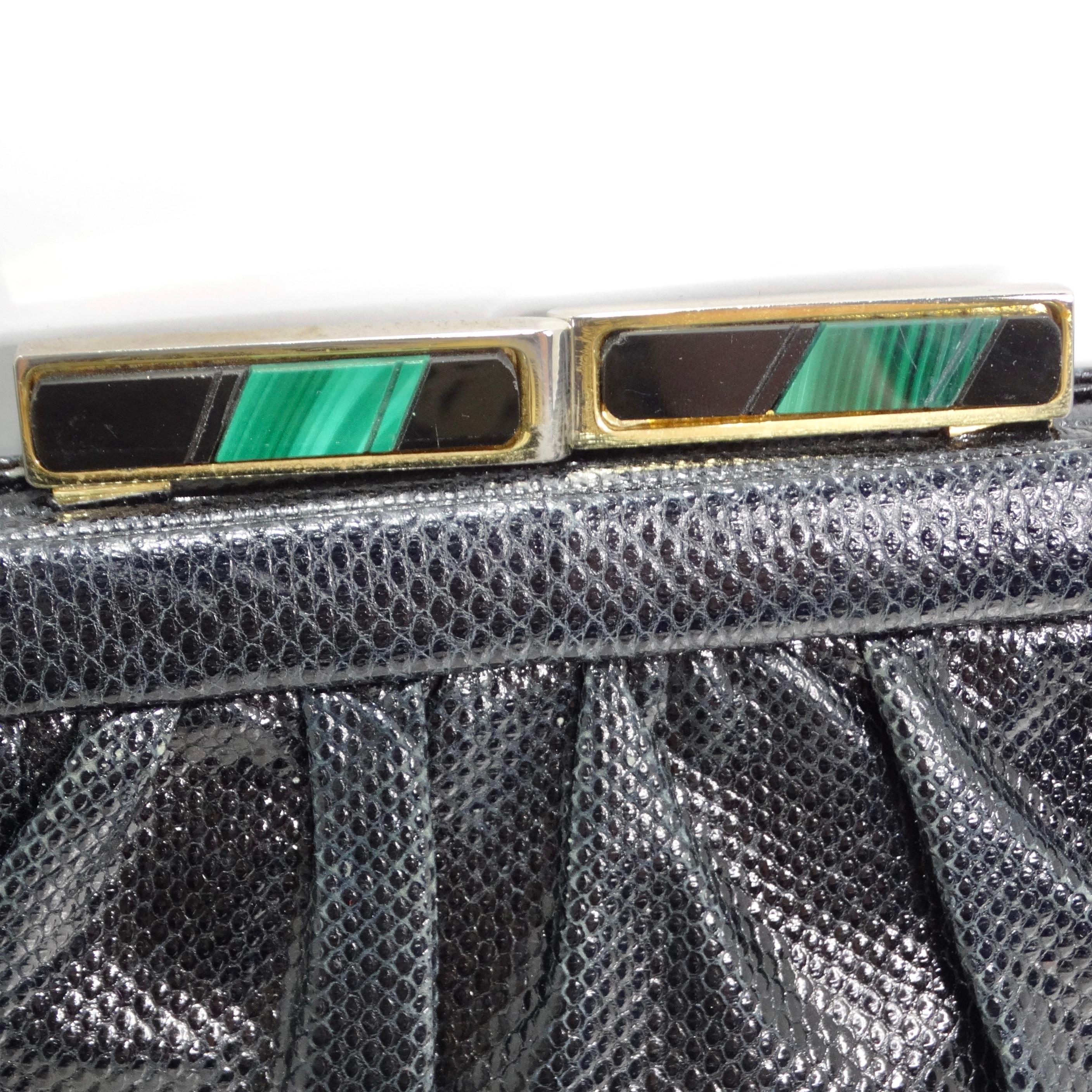 Introducing the exquisite Judith Leiber 1980s Black Lizard Embossed Clutch, a luxurious and timeless accessory that exudes sophistication and elegance. Crafted from high-quality black lizard-embossed leather, this rectangular clutch is a statement