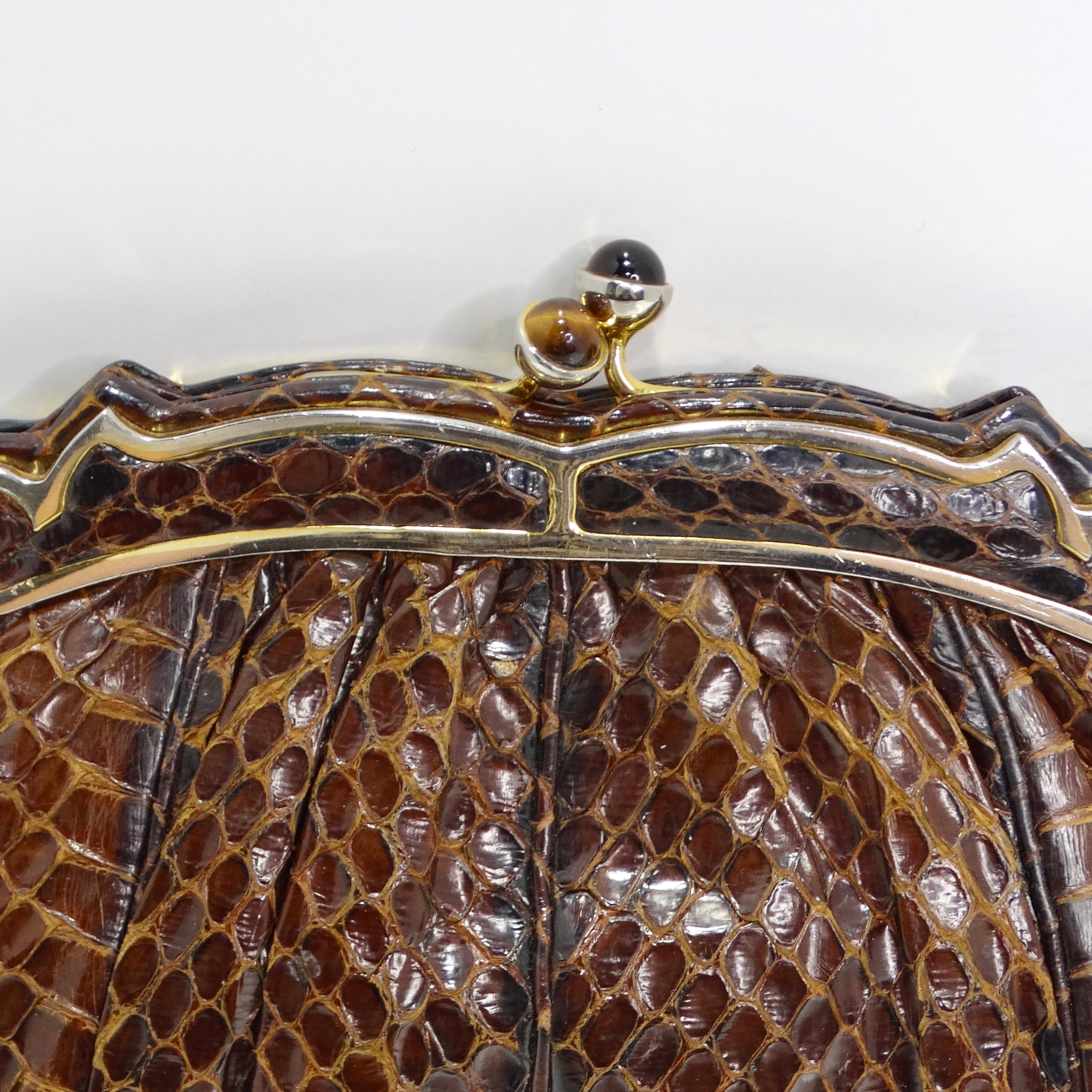 Introducing the exquisite Judith Leiber 1980s Brown Snakeskin Embossed Clutch, a luxurious and timeless accessory that exudes sophistication and glamour. Crafted from high-quality brown snakeskin embossed leather, this round clutch bag is a