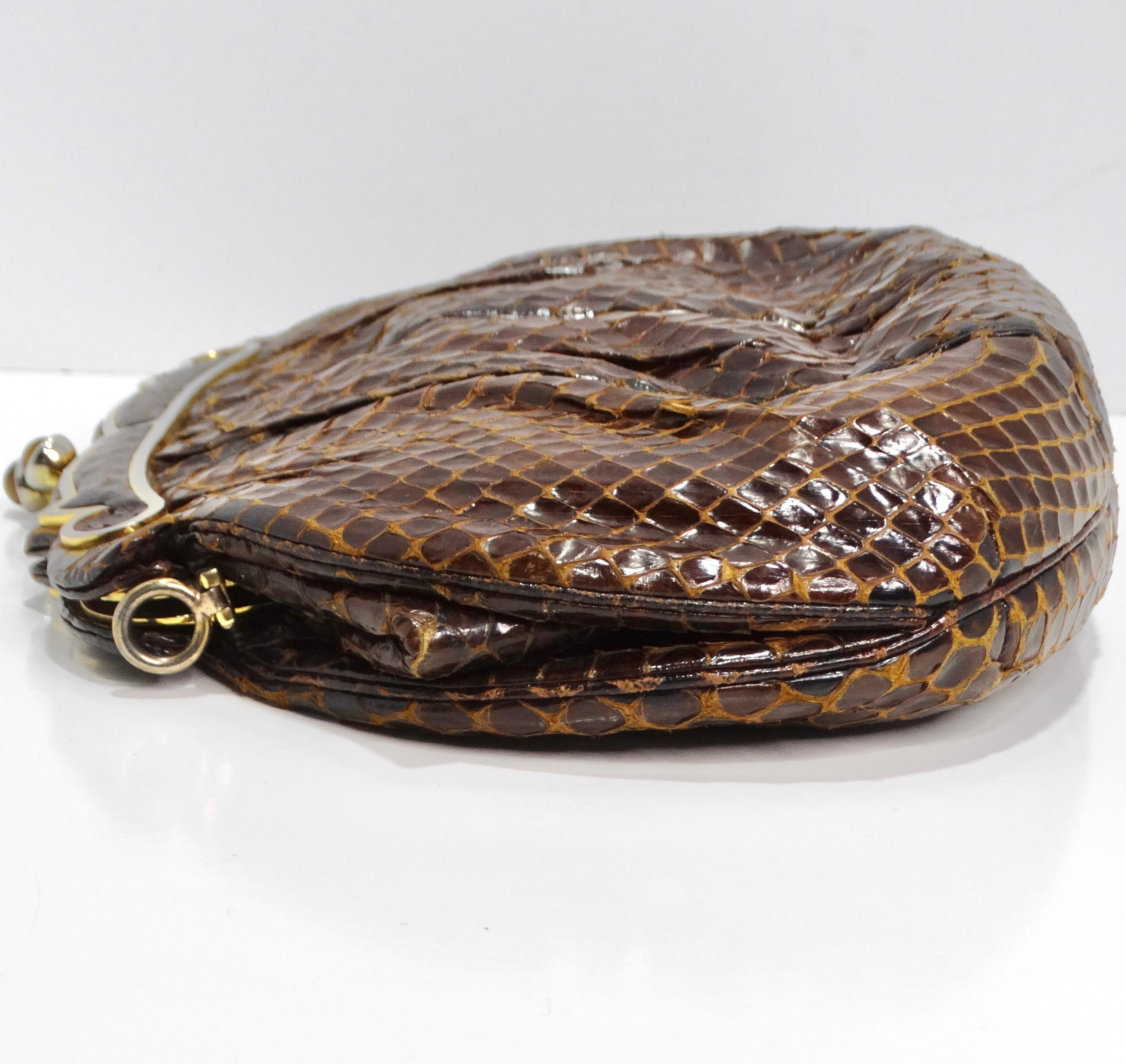 Judith Leiber 1980s Brown Snakeskin Embossed Clutch In Excellent Condition For Sale In Scottsdale, AZ