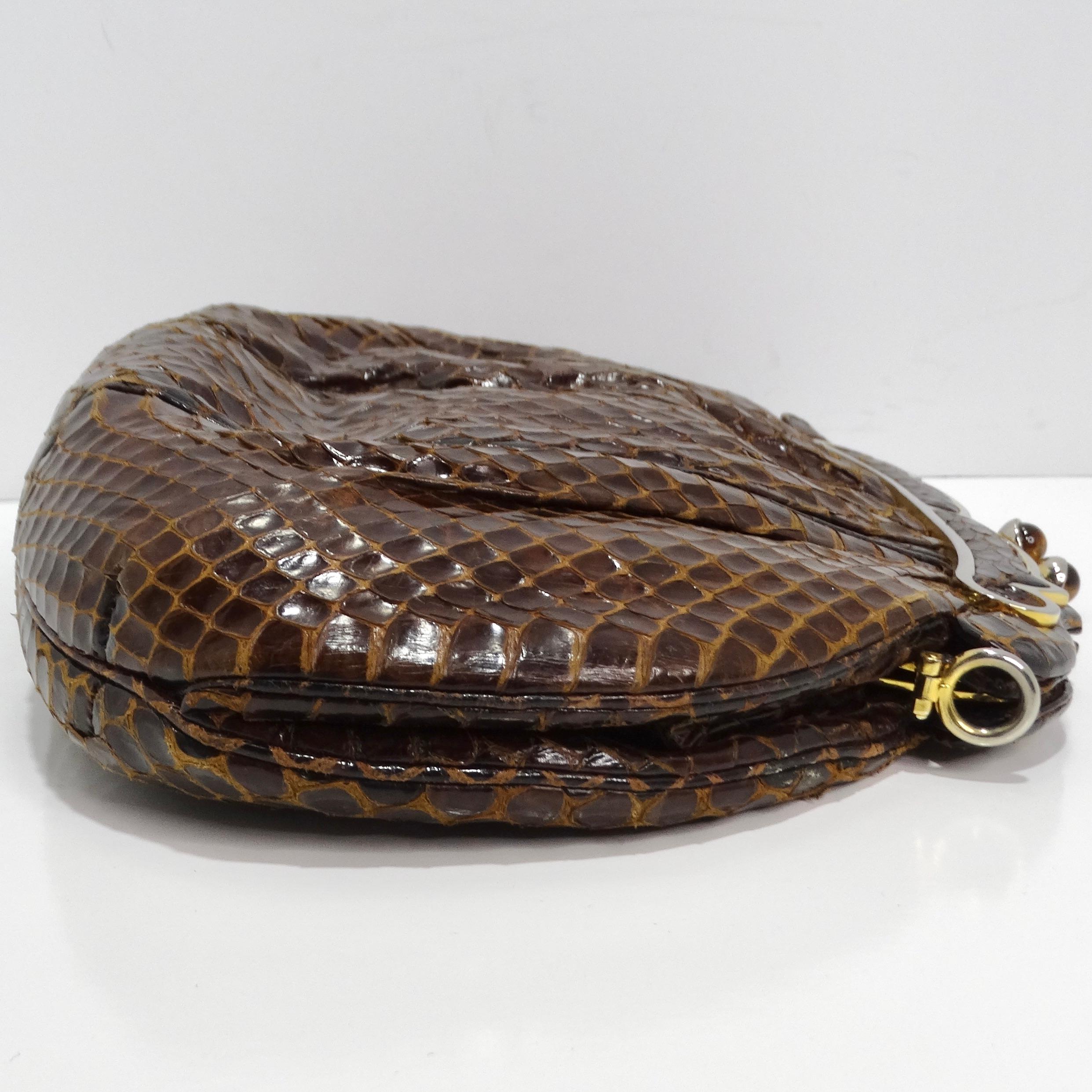 Judith Leiber 1980s Brown Snakeskin Embossed Clutch For Sale 1