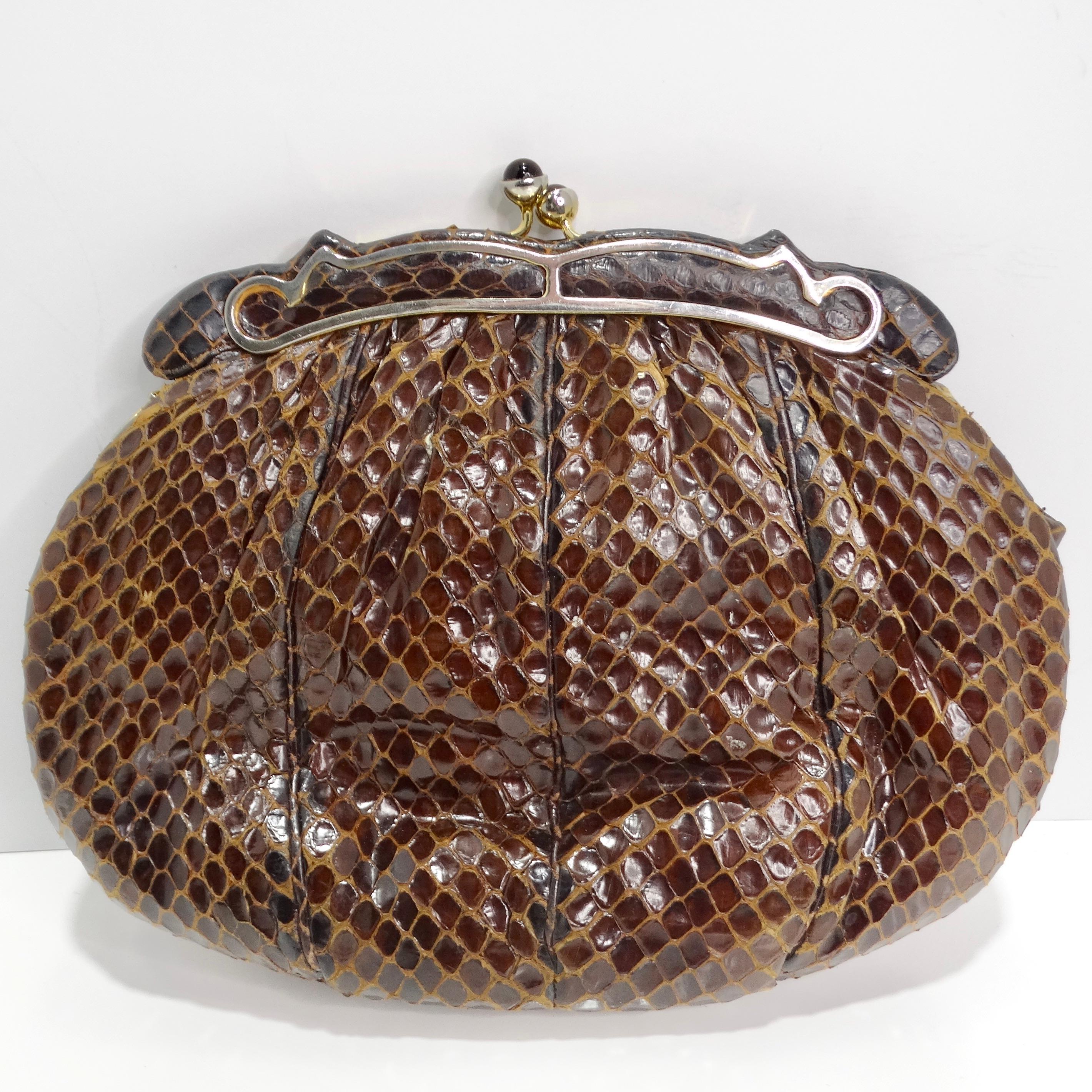 Judith Leiber 1980s Brown Snakeskin Embossed Clutch For Sale 2