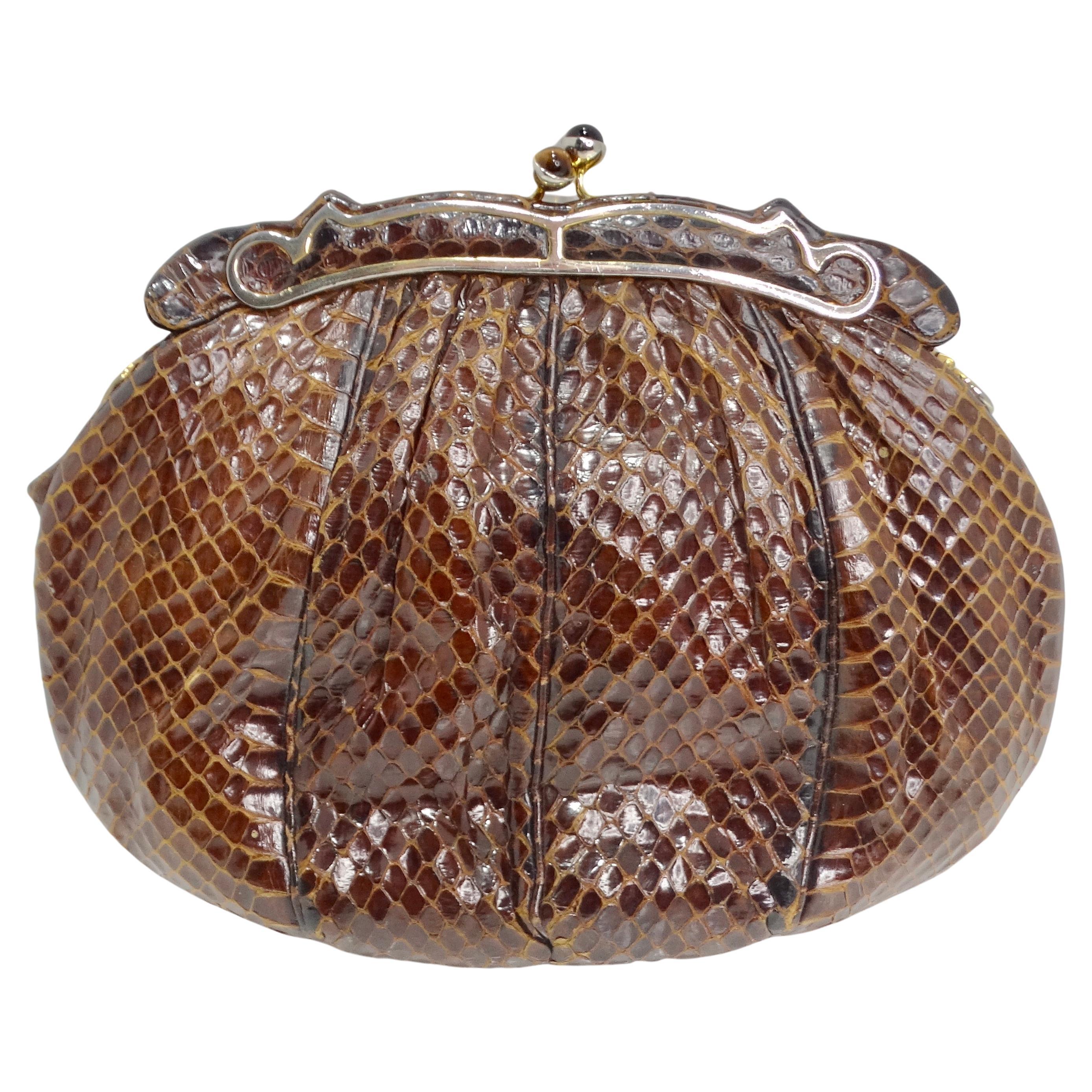 Judith Leiber 1980s Brown Snakeskin Embossed Clutch For Sale