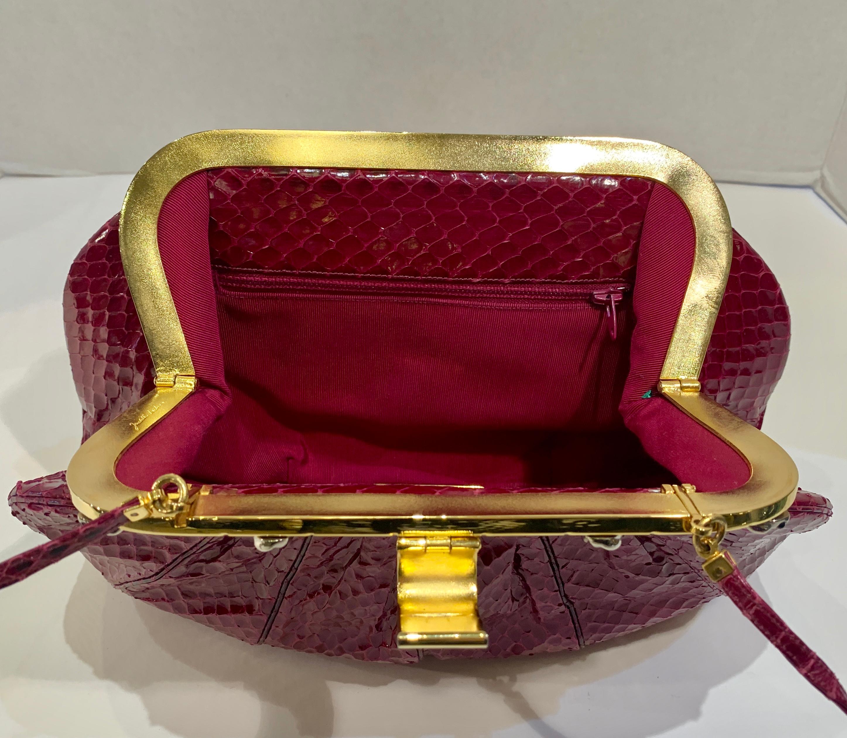 Judith Leiber 1980's Burgundy Snakeskin Gold Bamboo Frame Evening Bag Purse 8