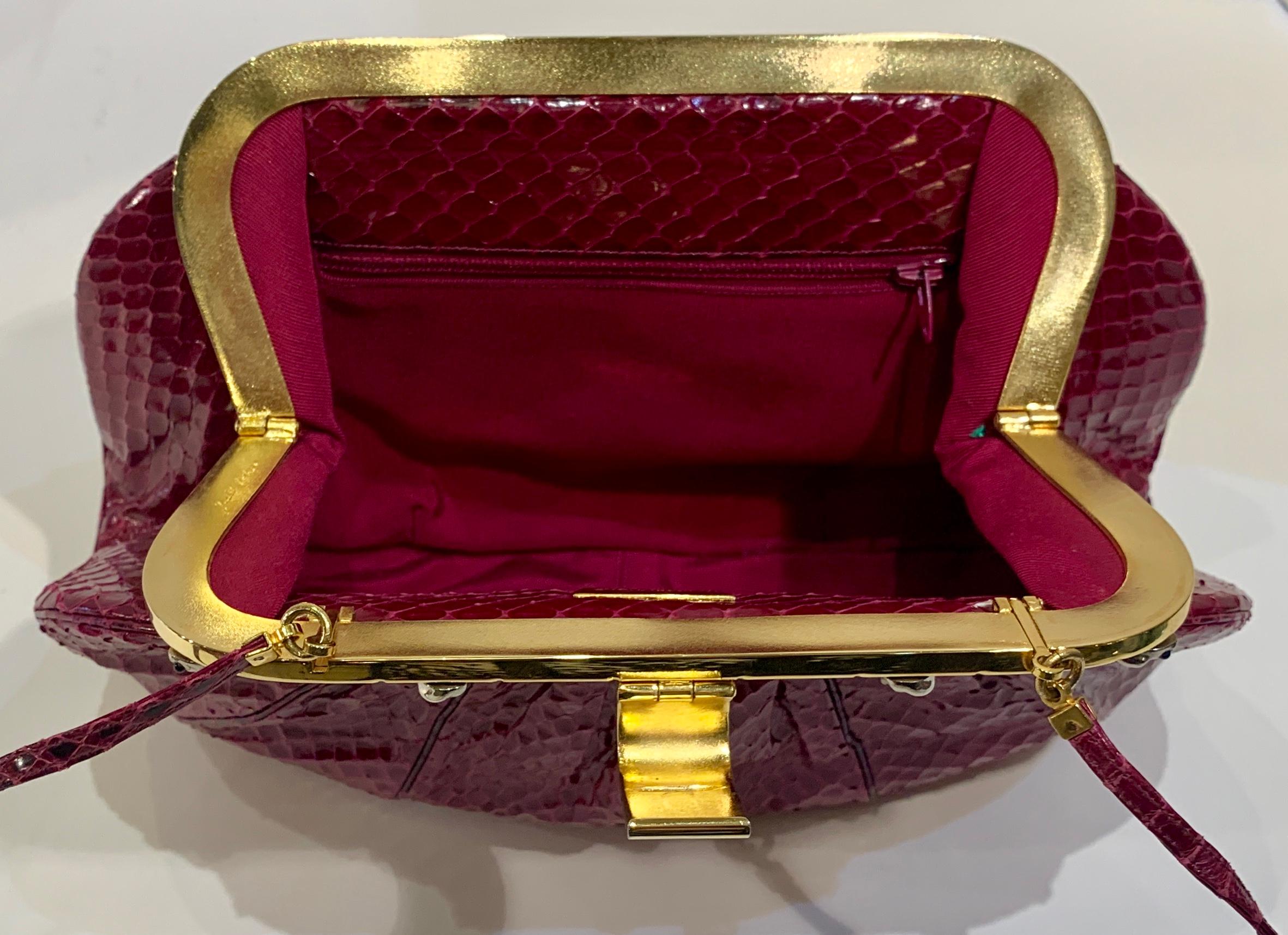 Judith Leiber 1980's Burgundy Snakeskin Gold Bamboo Frame Evening Bag Purse 9