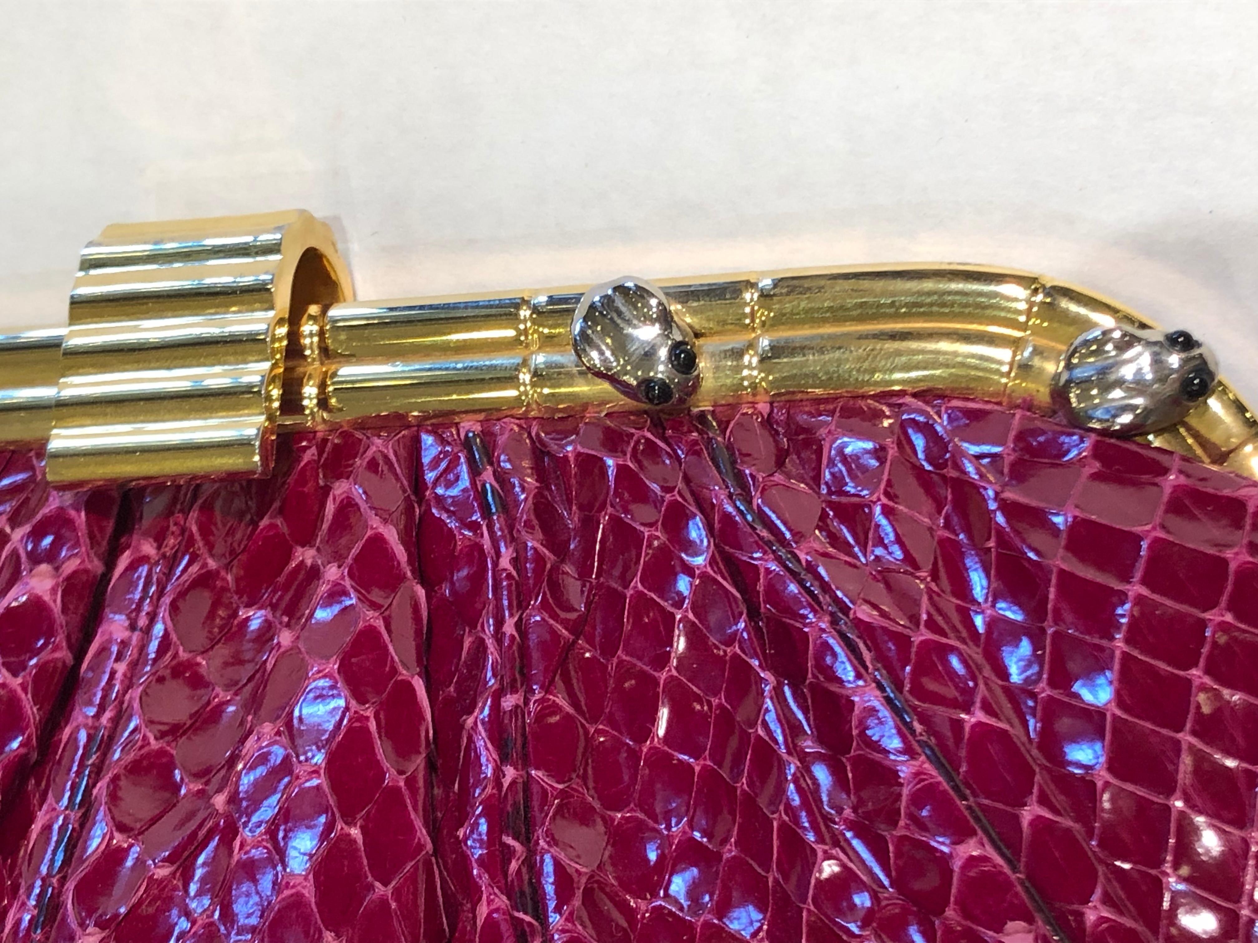 Judith Leiber 1980's Burgundy Snakeskin Gold Bamboo Frame Evening Bag Purse In Good Condition In Tustin, CA
