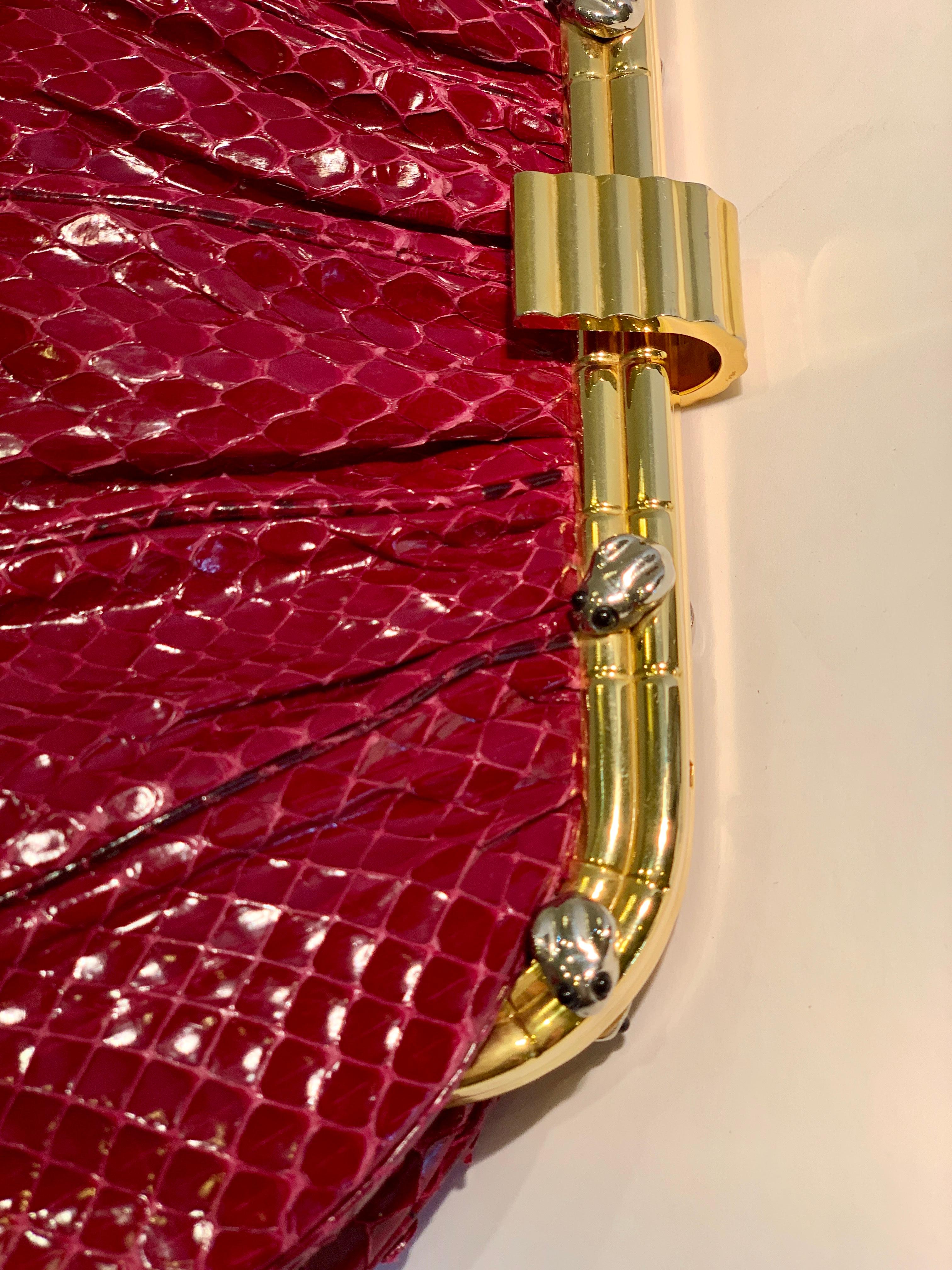 Judith Leiber 1980's Burgundy Snakeskin Gold Bamboo Frame Evening Bag Purse 1