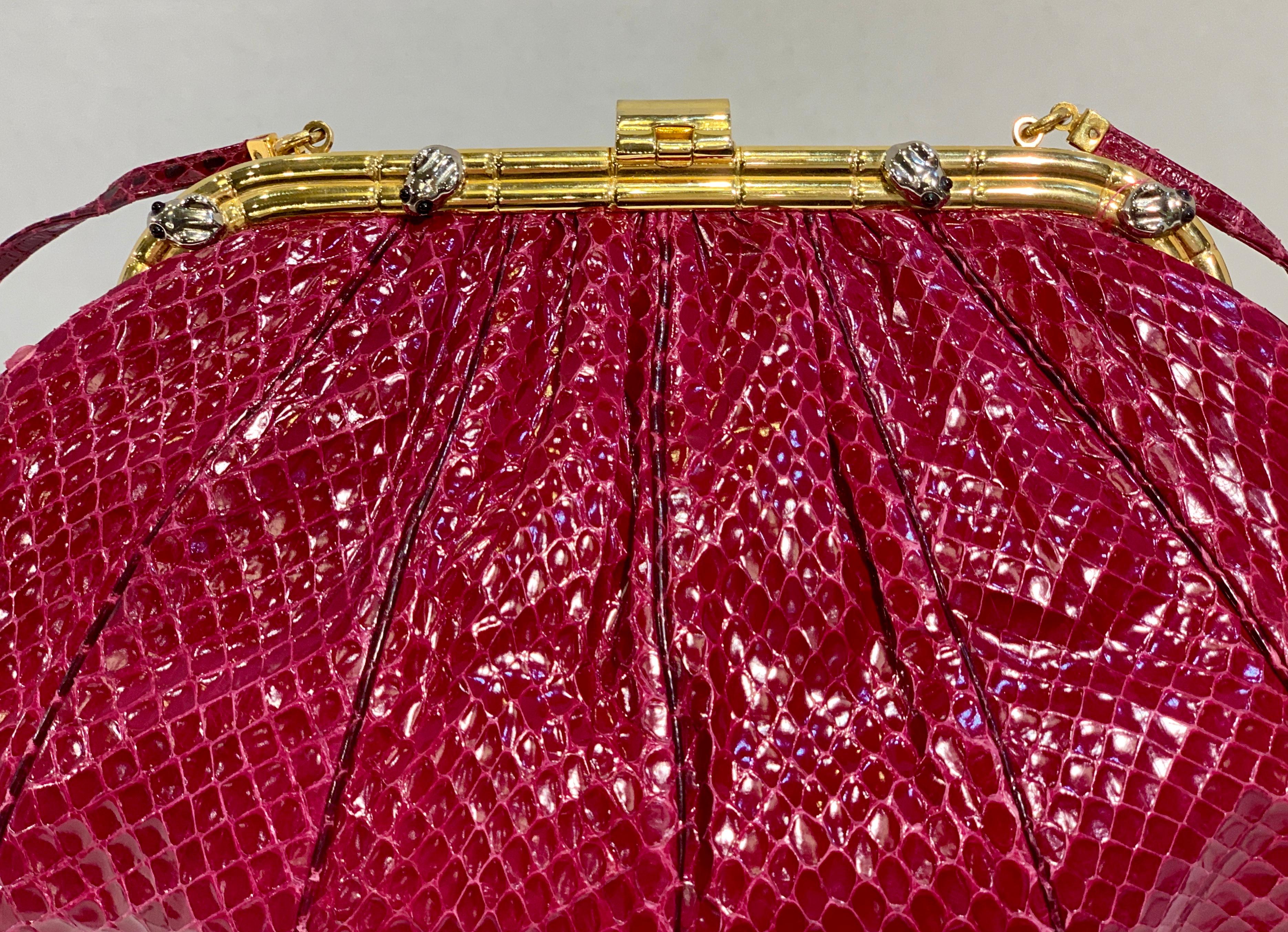 Judith Leiber 1980's Burgundy Snakeskin Gold Bamboo Frame Evening Bag Purse 3