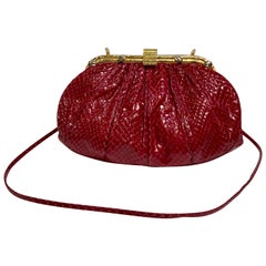 Retro Judith Leiber 1980's Burgundy Snakeskin Gold Bamboo Frame Evening Bag Purse