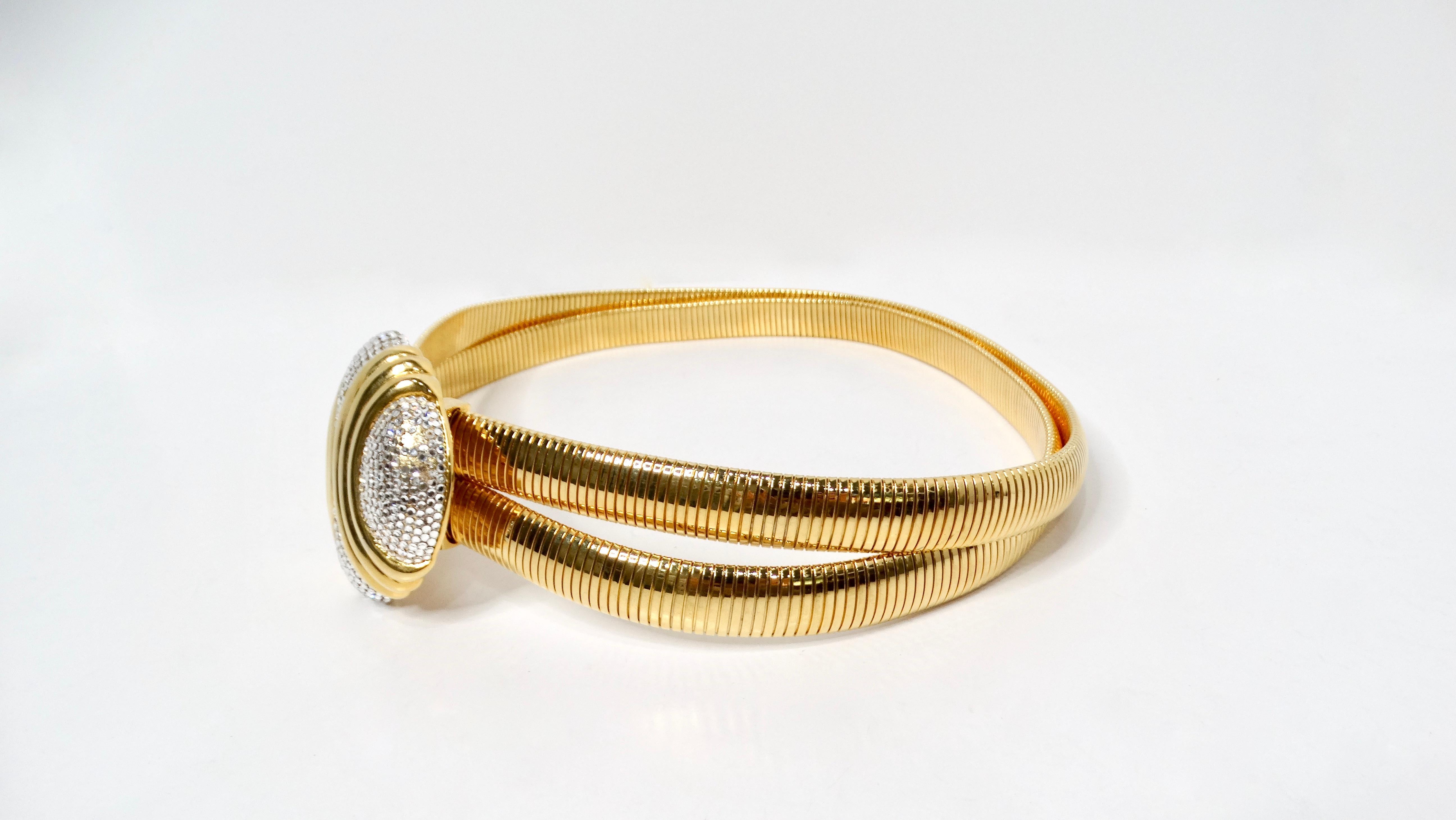 Beige Judith Leiber 1980s Gold-Tone Stretch Double Belt With Rhinestone Buckle For Sale