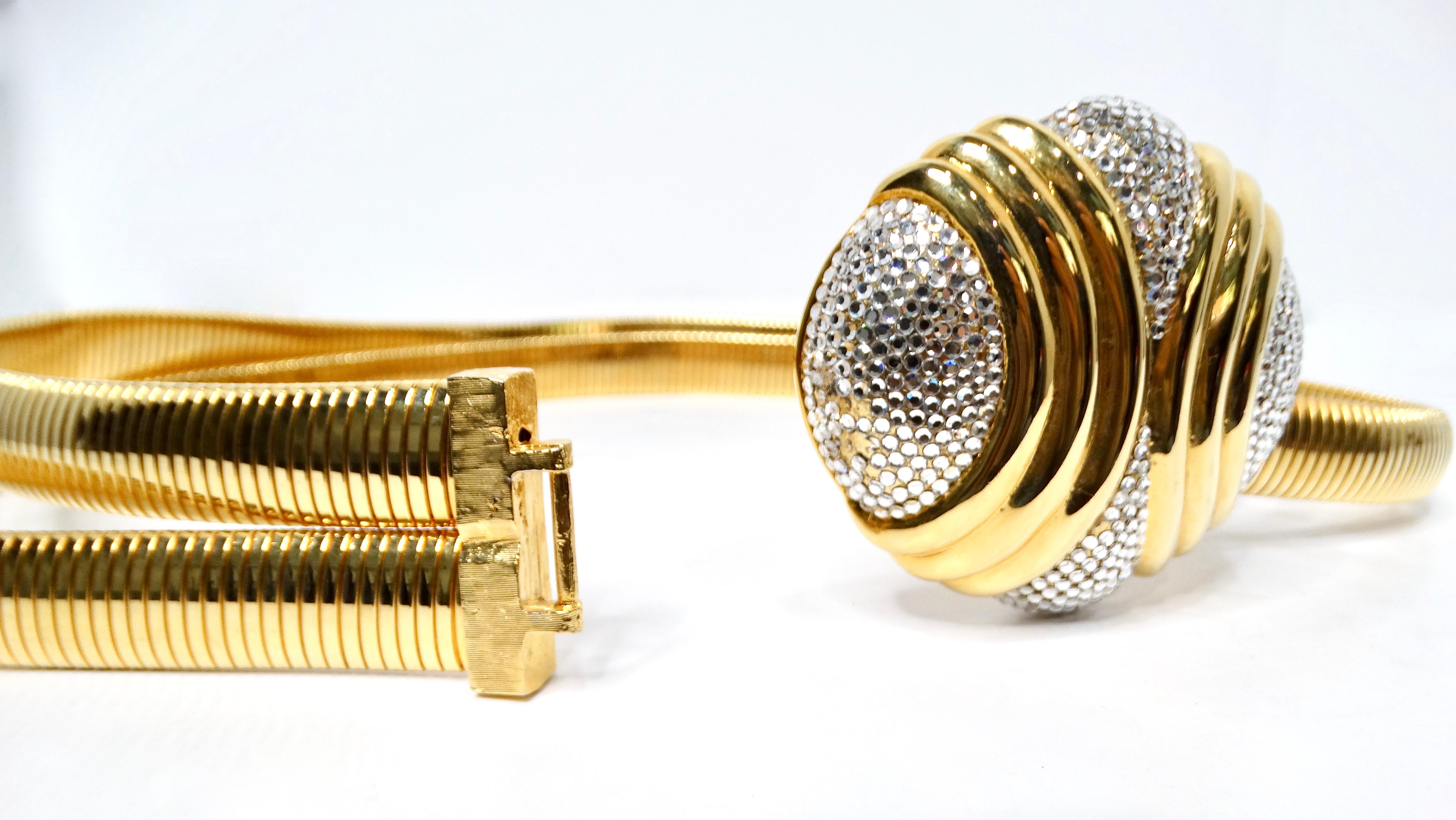 Women's Judith Leiber 1980s Gold-Tone Stretch Double Belt With Rhinestone Buckle For Sale