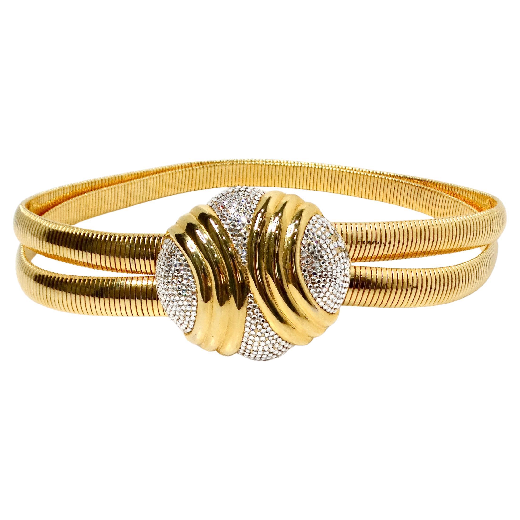 Judith Leiber 1980s Gold-Tone Stretch Double Belt With Rhinestone Buckle For Sale