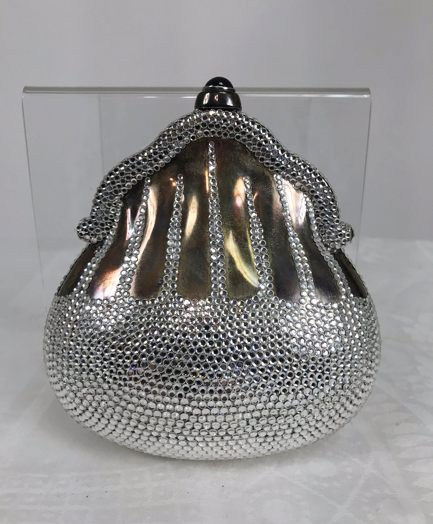 Judith Leiber 35th Anniversary chatelaine sterling silver evening bag set with a 5 carat natural sapphire cabochon clasp. This amazing bag comes in a large black velvet satin lined presentation box, it is quite heavy. The bag is set with 3.000