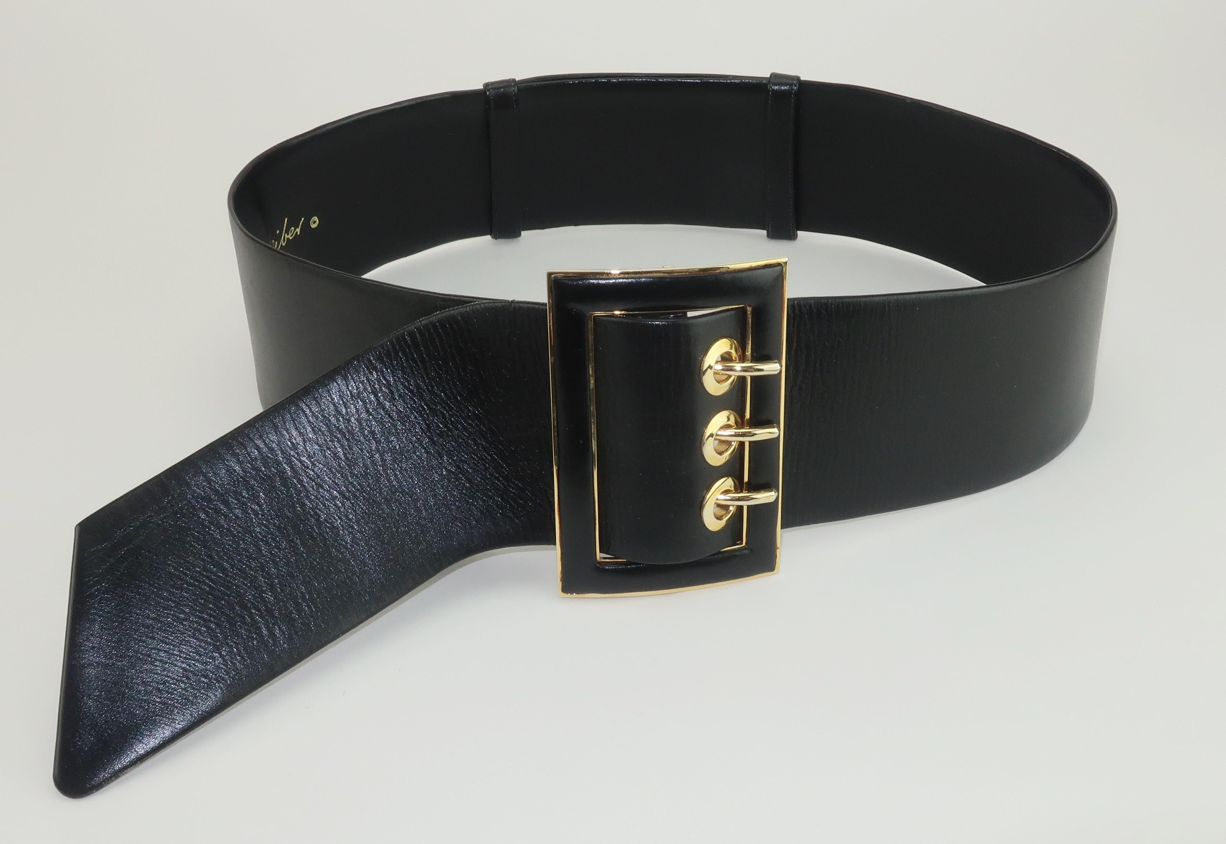 Women's Judith Leiber Adjustable Black Leather Belt For Sale