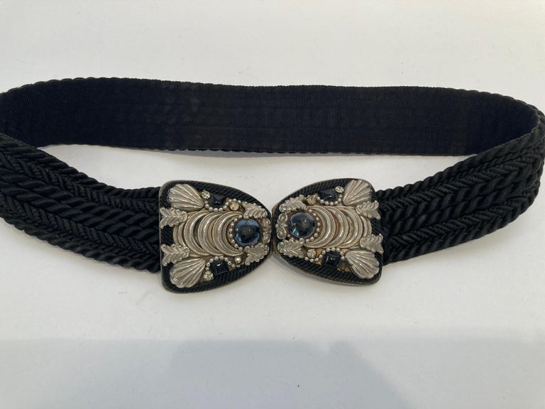 Judith Leiber Art Deco Black Cotton Silk Velvet Waist Belt With