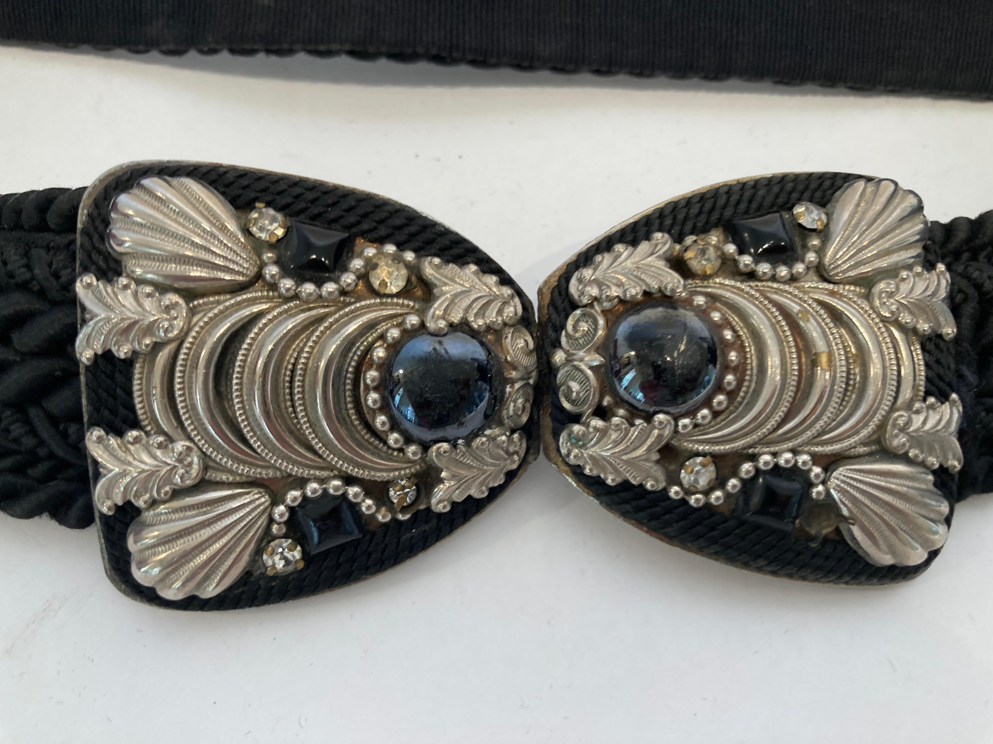 Judith Leiber Art Deco Black Cotton Silk Velvet Waist Belt With Silver and Stone In Good Condition For Sale In North Hollywood, CA