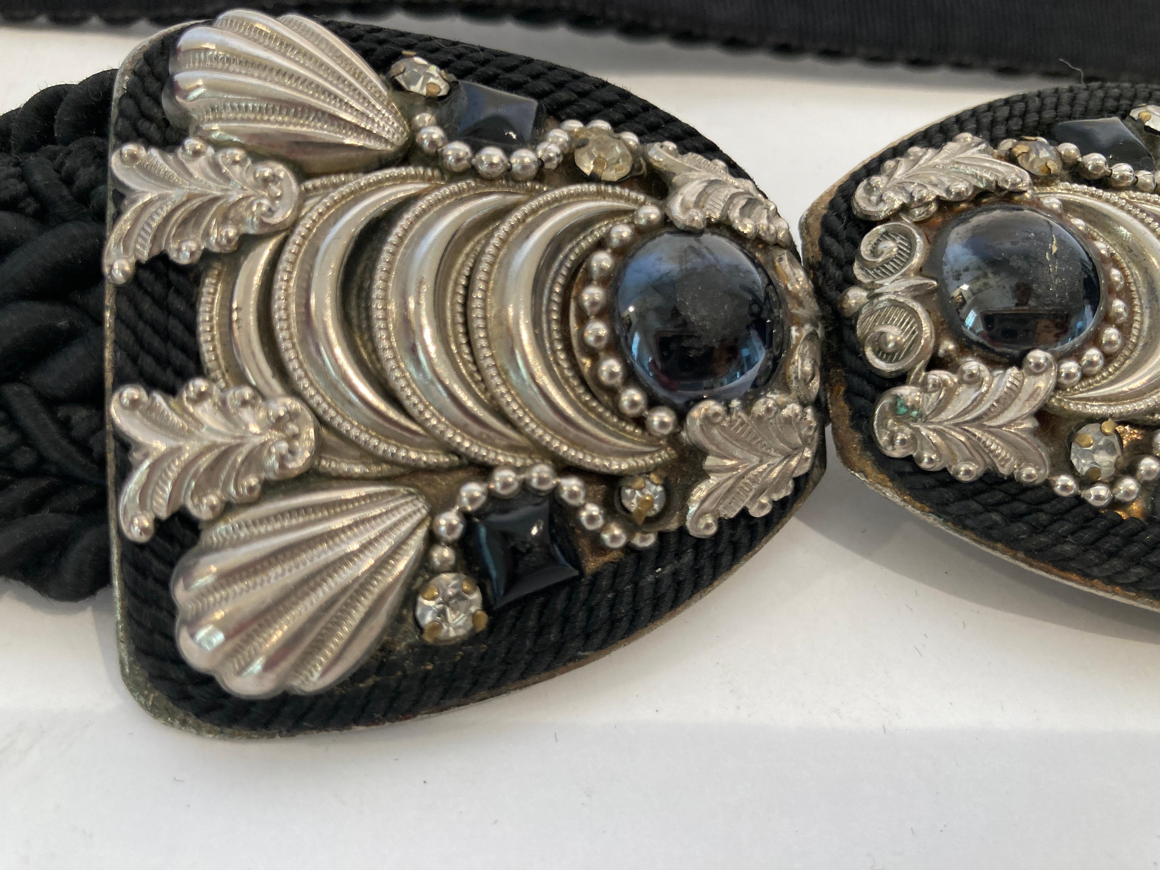 Women's Judith Leiber Art Deco Black Cotton Silk Velvet Waist Belt With Silver and Stone For Sale