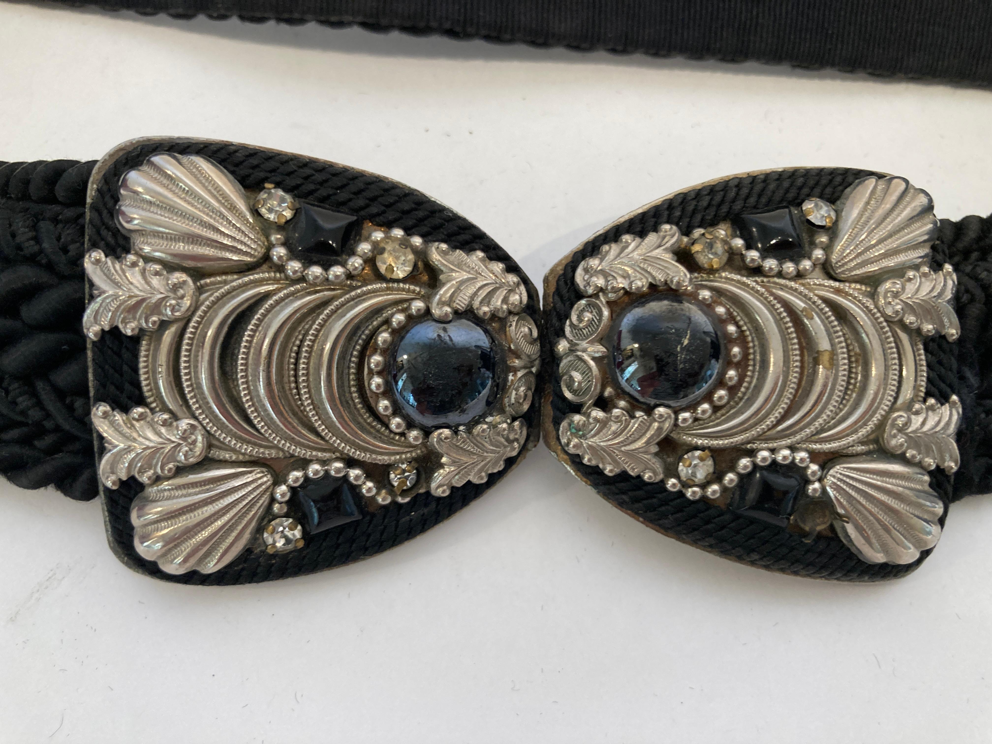 Judith Leiber Art Deco Black Cotton Silk Velvet Waist Belt With Silver and Stone For Sale 1