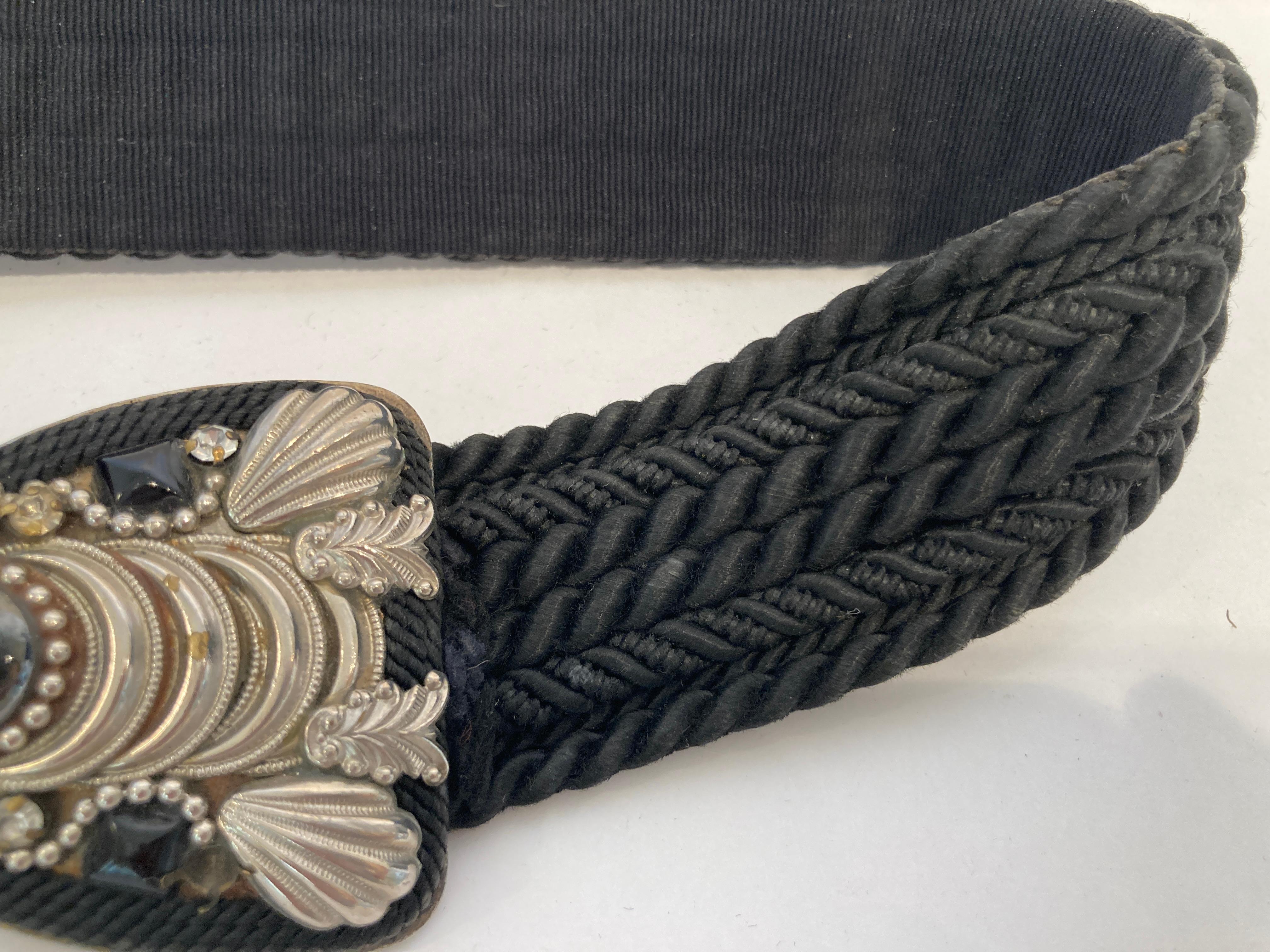 Judith Leiber Art Deco Black Cotton Silk Velvet Waist Belt With Silver and Stone For Sale 2