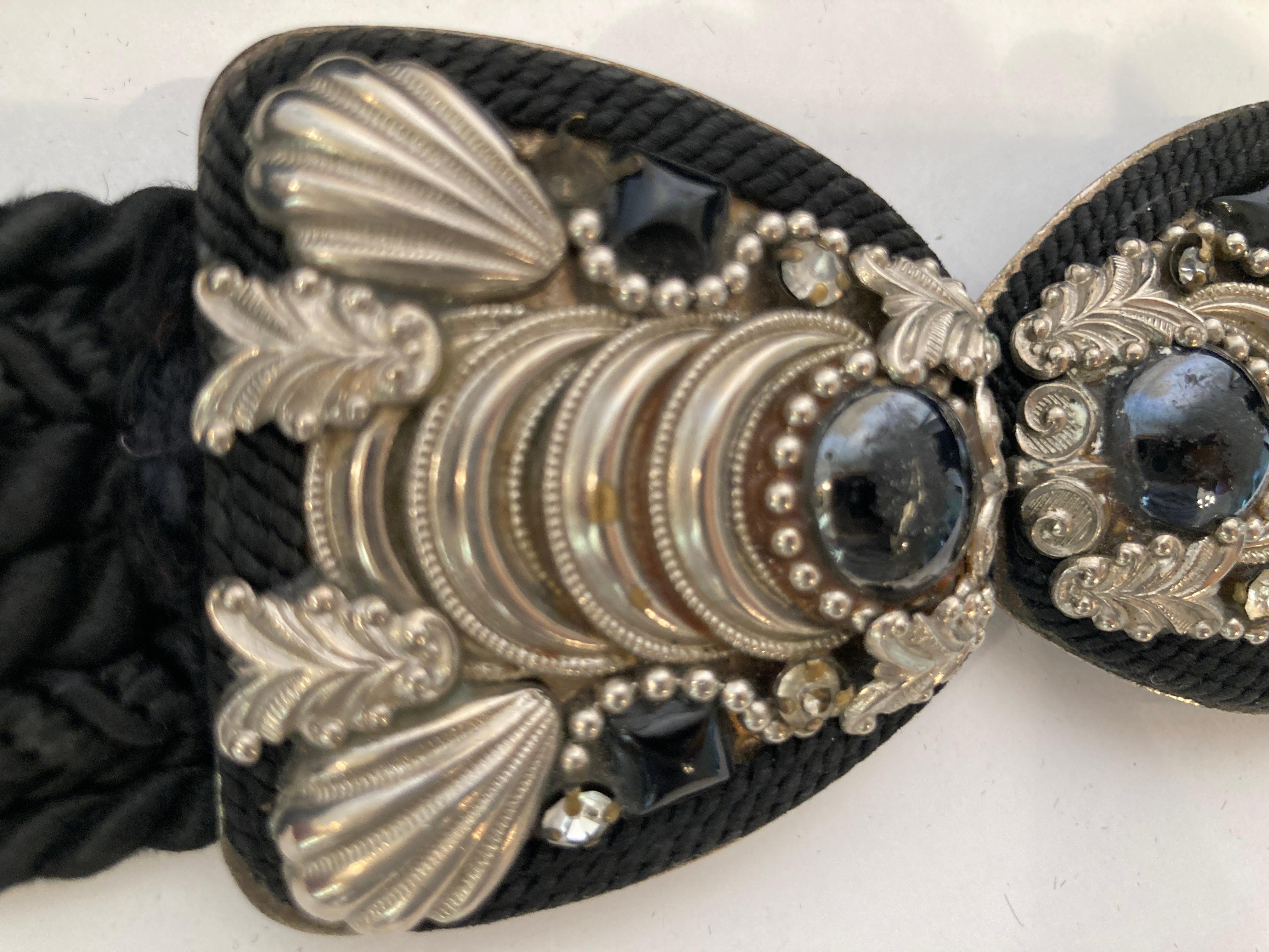 Judith Leiber Art Deco Black Cotton Silk Velvet Waist Belt With Silver and Stone For Sale 4