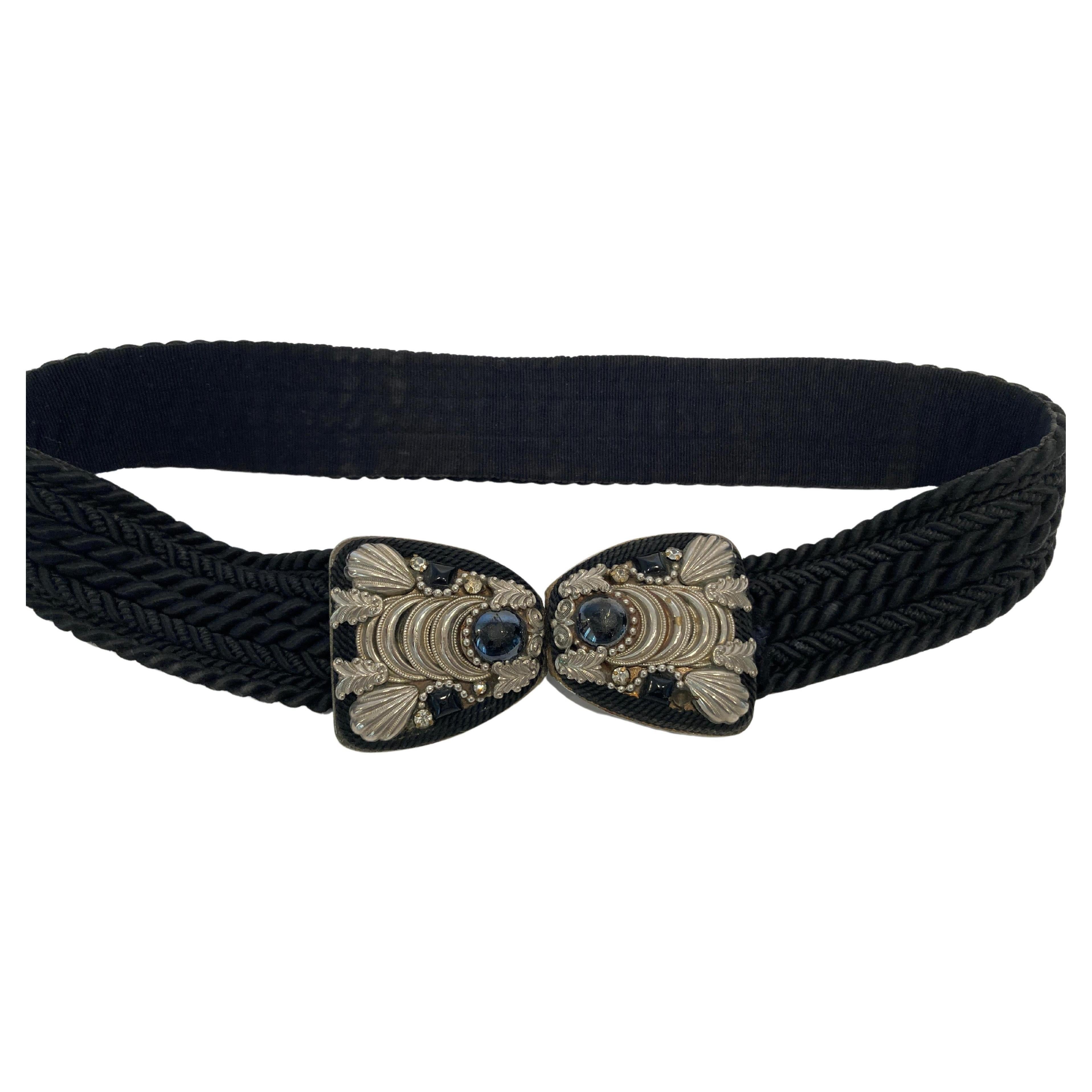 Judith Leiber Art Deco Black Cotton Silk Velvet Waist Belt With Silver and Stone For Sale