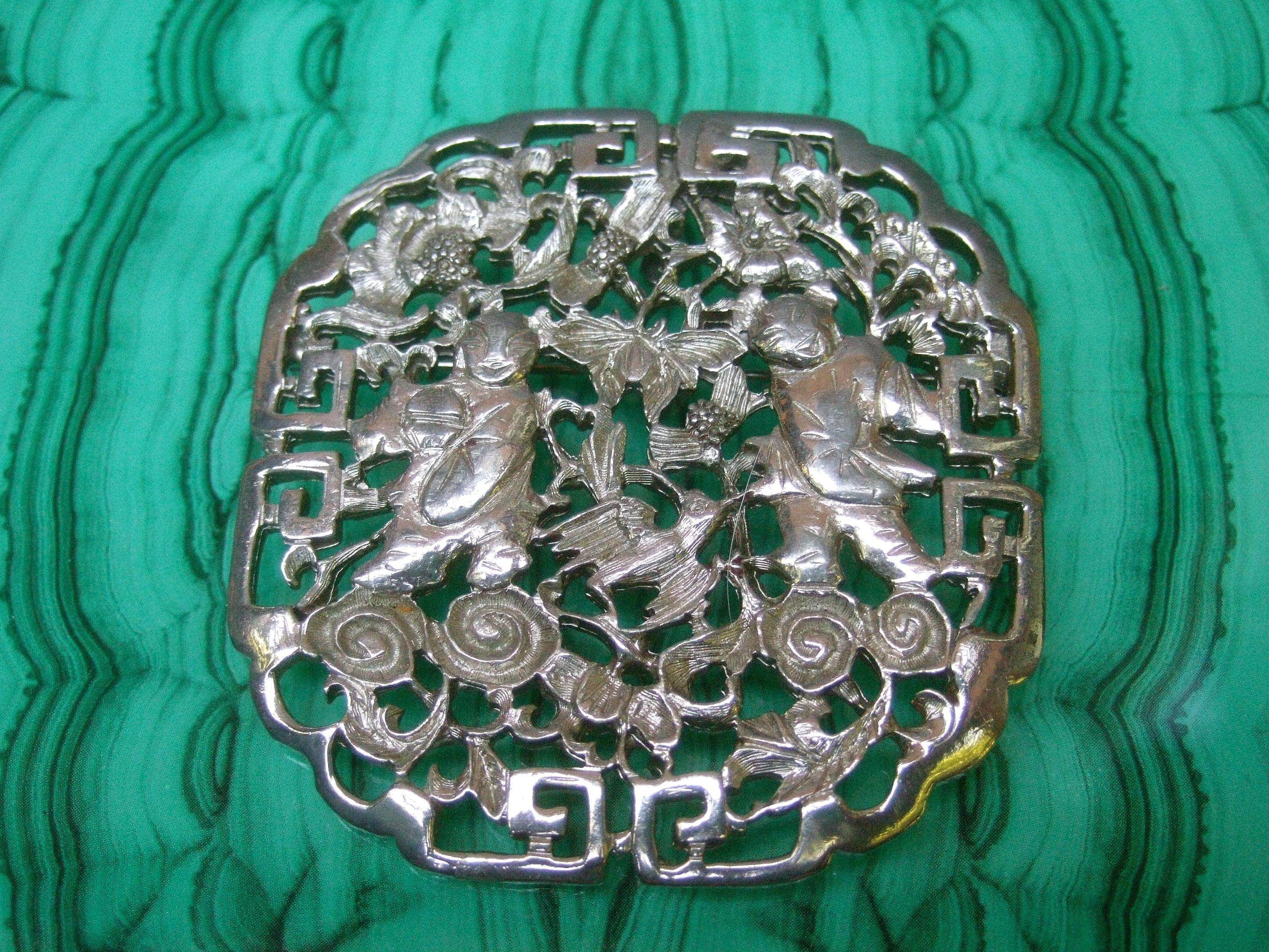 Judith Leiber Asian Theme Silver Metal Pendant Brooch c 1980 6