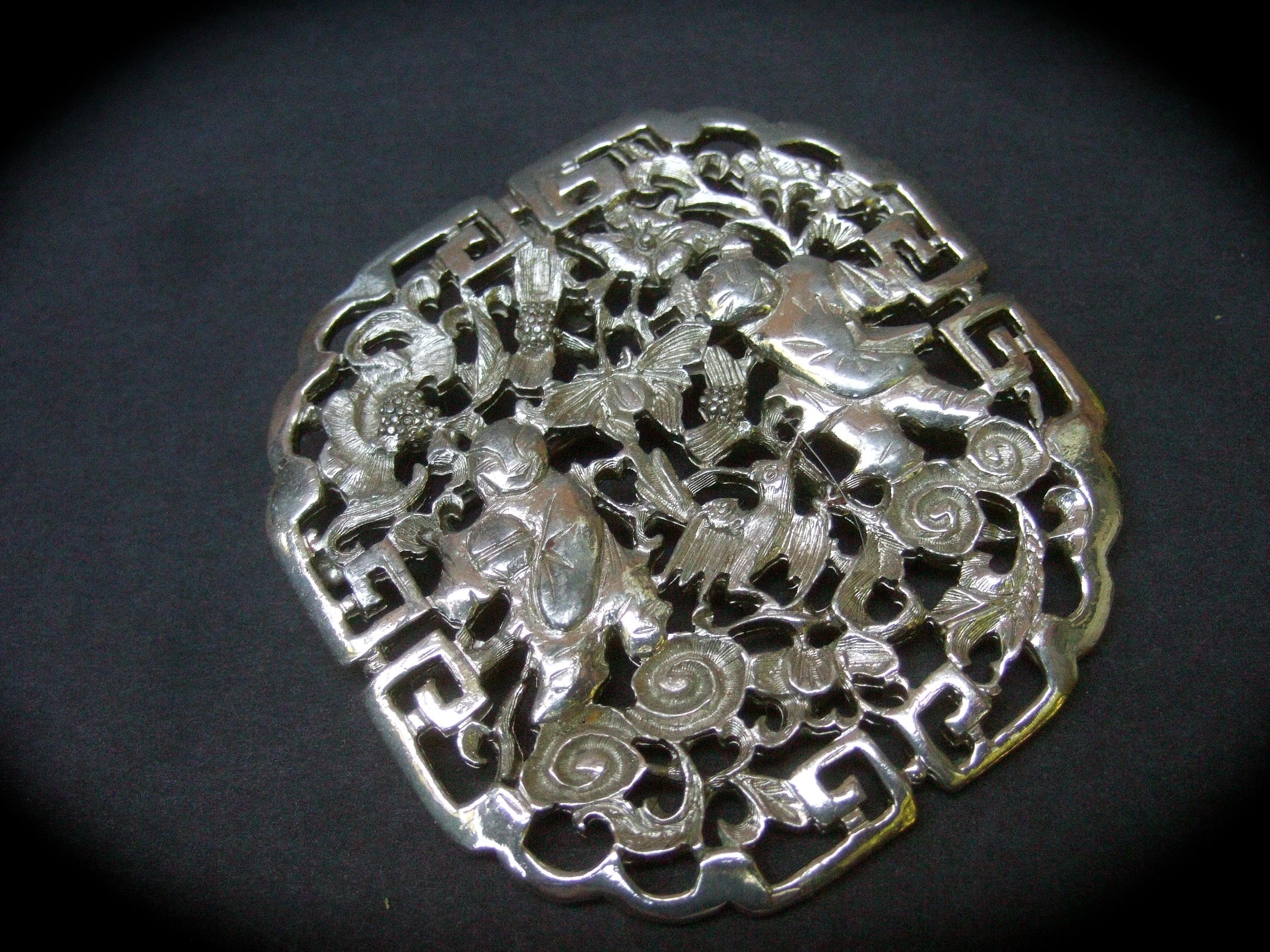 Judith Leiber Asian Theme Silver Metal Pendant Brooch c 1980 In Good Condition In University City, MO