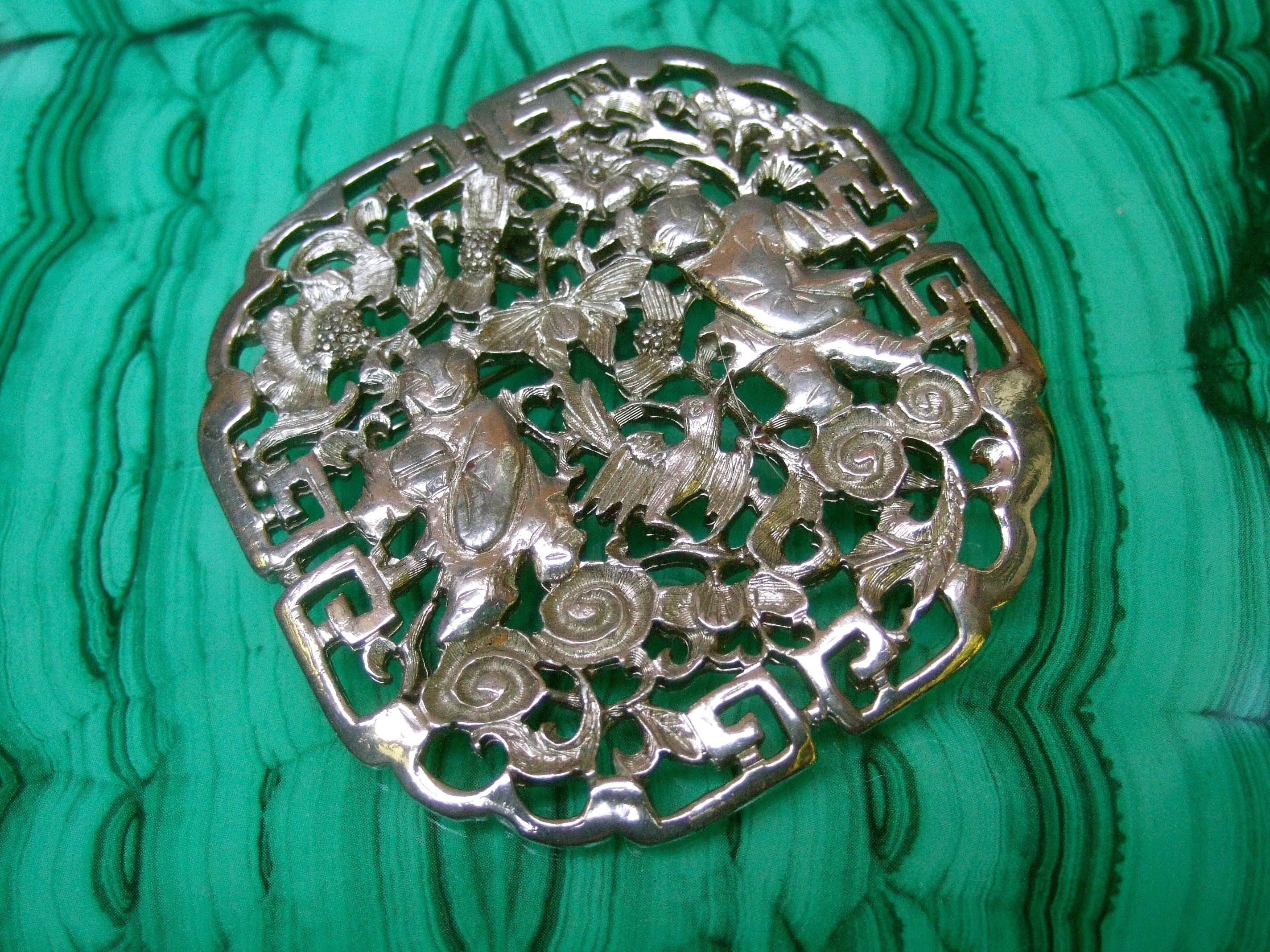 Judith Leiber Asian Theme Silver Metal Pendant Brooch c 1980 1