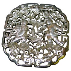 Judith Leiber Asian Theme Silver Metal Pendant Brooch c 1980