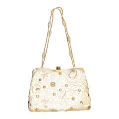 Judith Leiber Beige & Gold Tone Embroidered Vintage 1990's Evening Bag 