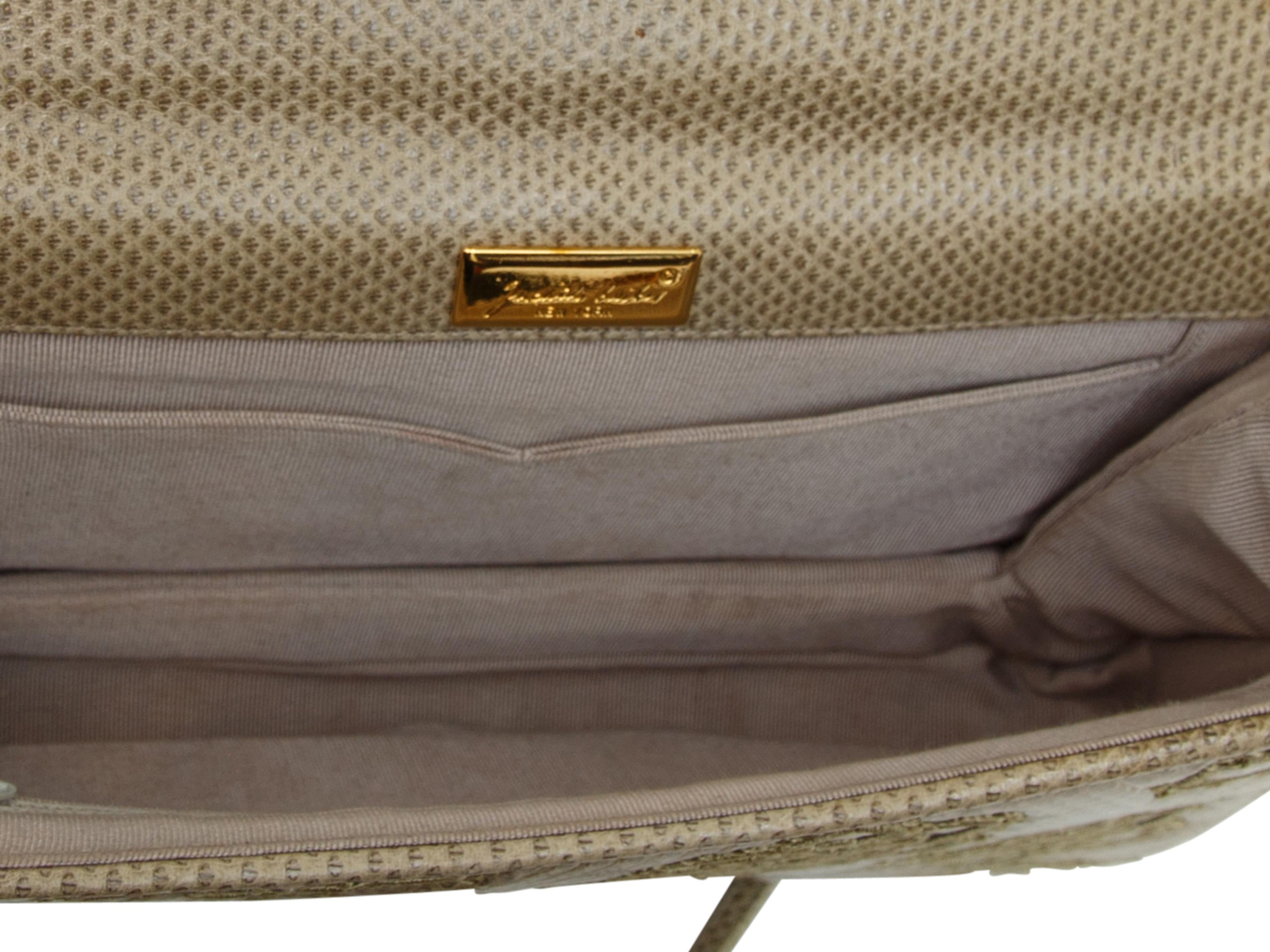 Product details: Beige karung shoulder bag by Judith Leiber. Tonal floral embroidery throughout. Gold-tone hardware. Detachable shoulder strap. Interior pocket. Tassel accent at side. Embellished closure at front. 9.5