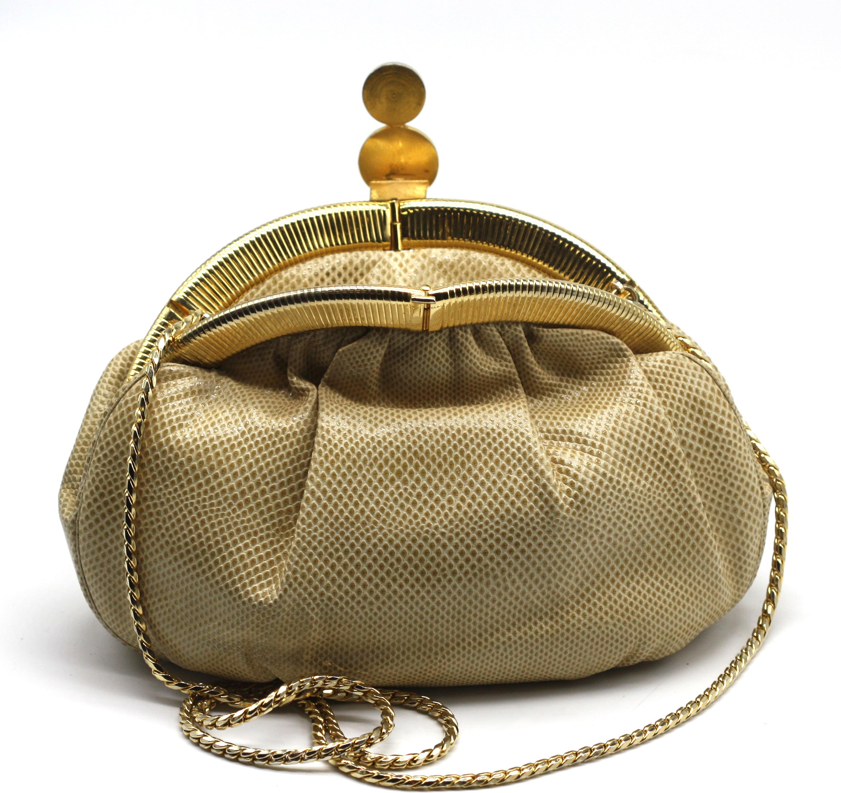 Judith Leiber Beige Eidechsenhaut Handtasche im Angebot 1