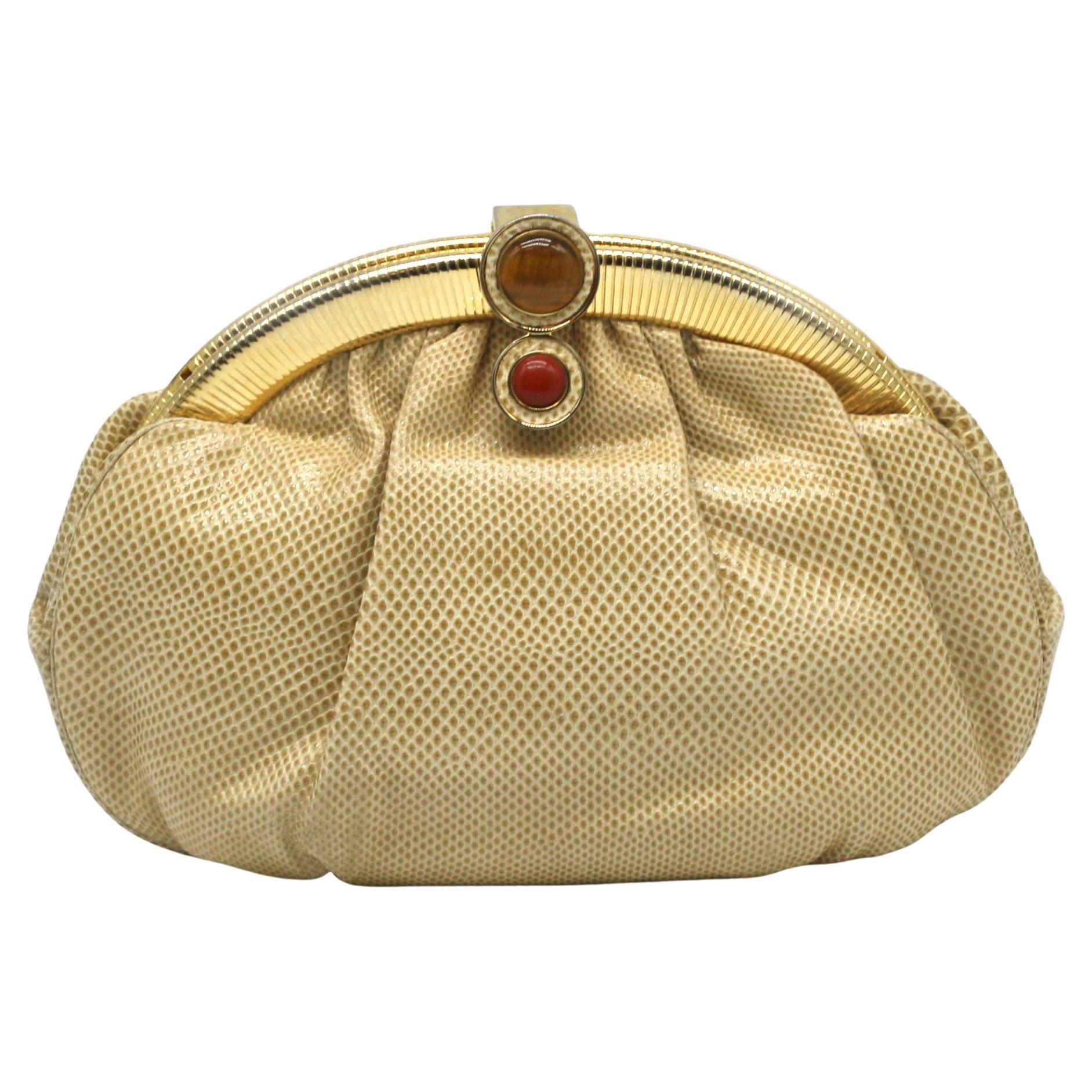 Judith Leiber Beige Eidechsenhaut Handtasche im Angebot