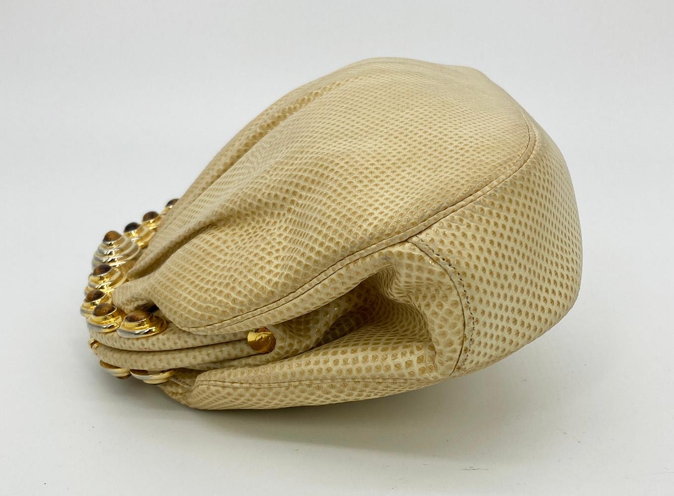 Judith Leiber Beige Eidechse-Edelstein-Clutch mit Tigerauge im Zustand „Relativ gut“ im Angebot in Philadelphia, PA