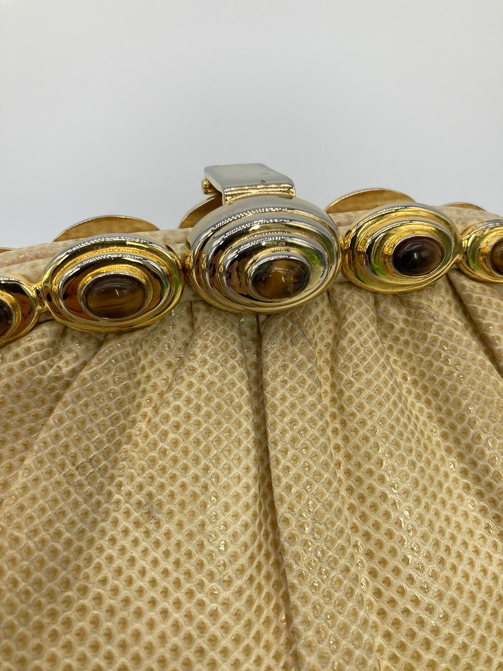 Judith Leiber Beige Lizard Tiger Eye Gemstone Clutch For Sale 1