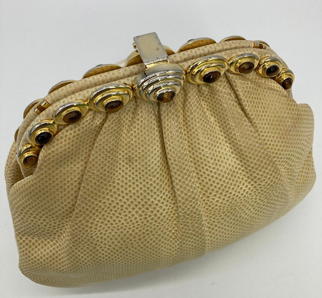 Judith Leiber Beige Lizard Tiger Eye Gemstone Clutch For Sale 2