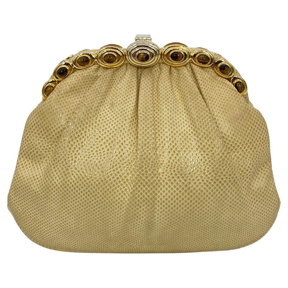 Judith Leiber Beige Lizard Tiger Eye Gemstone Clutch For Sale