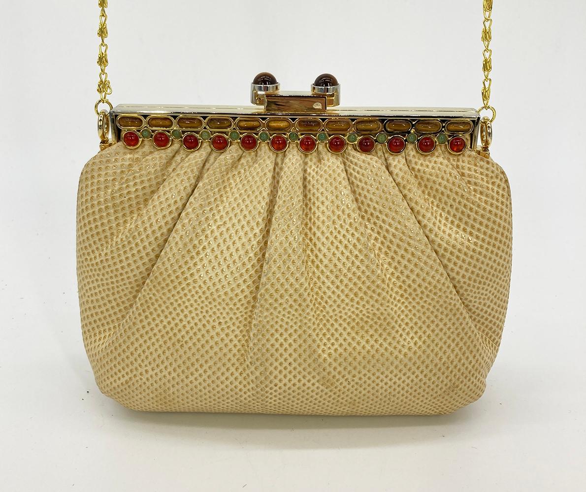 Judith Leiber Beige Eidechse Tigerauge Edelstein Top Clutch im Zustand „Gut“ im Angebot in Philadelphia, PA