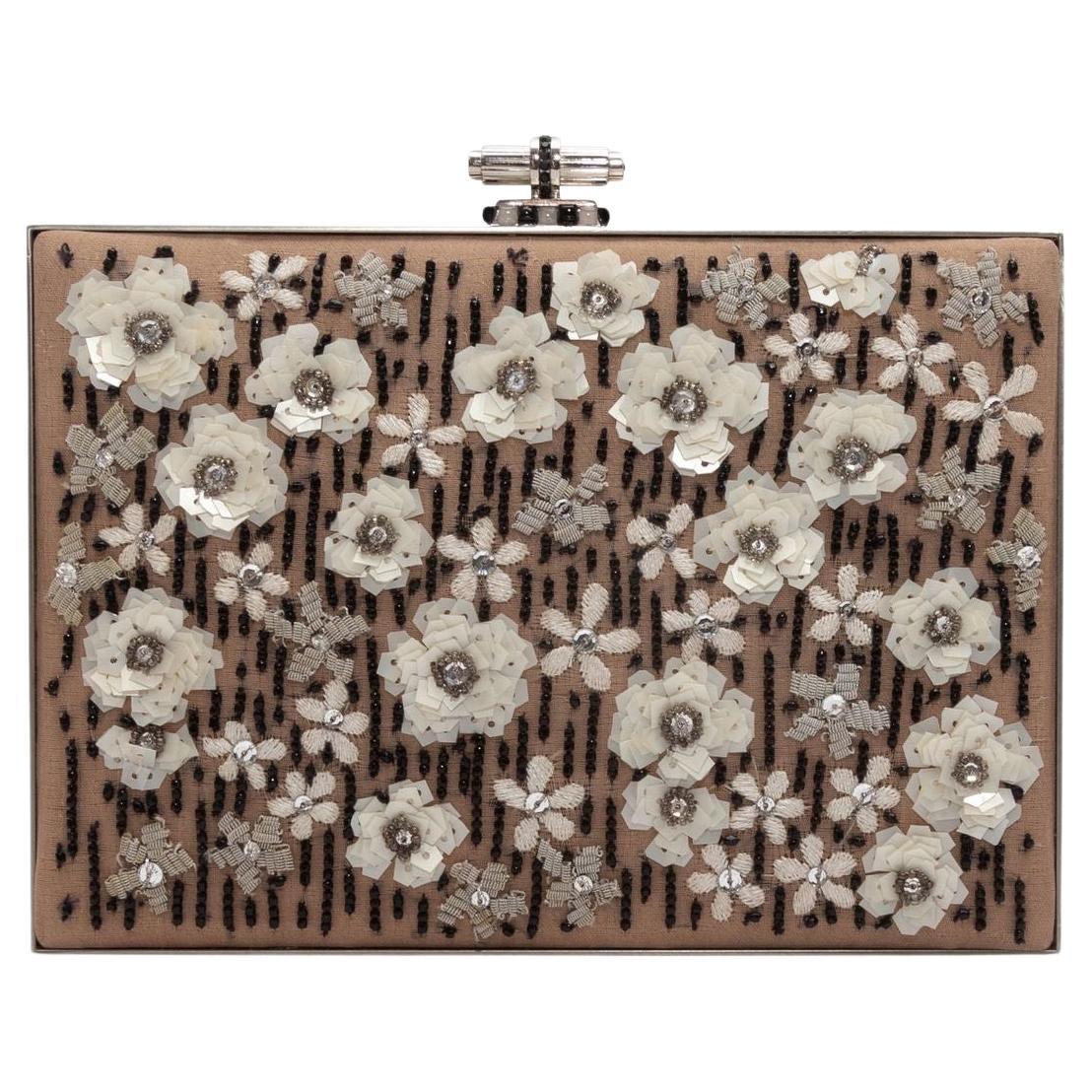 Judith Leiber Beige 
White Floral Beaded Clutch