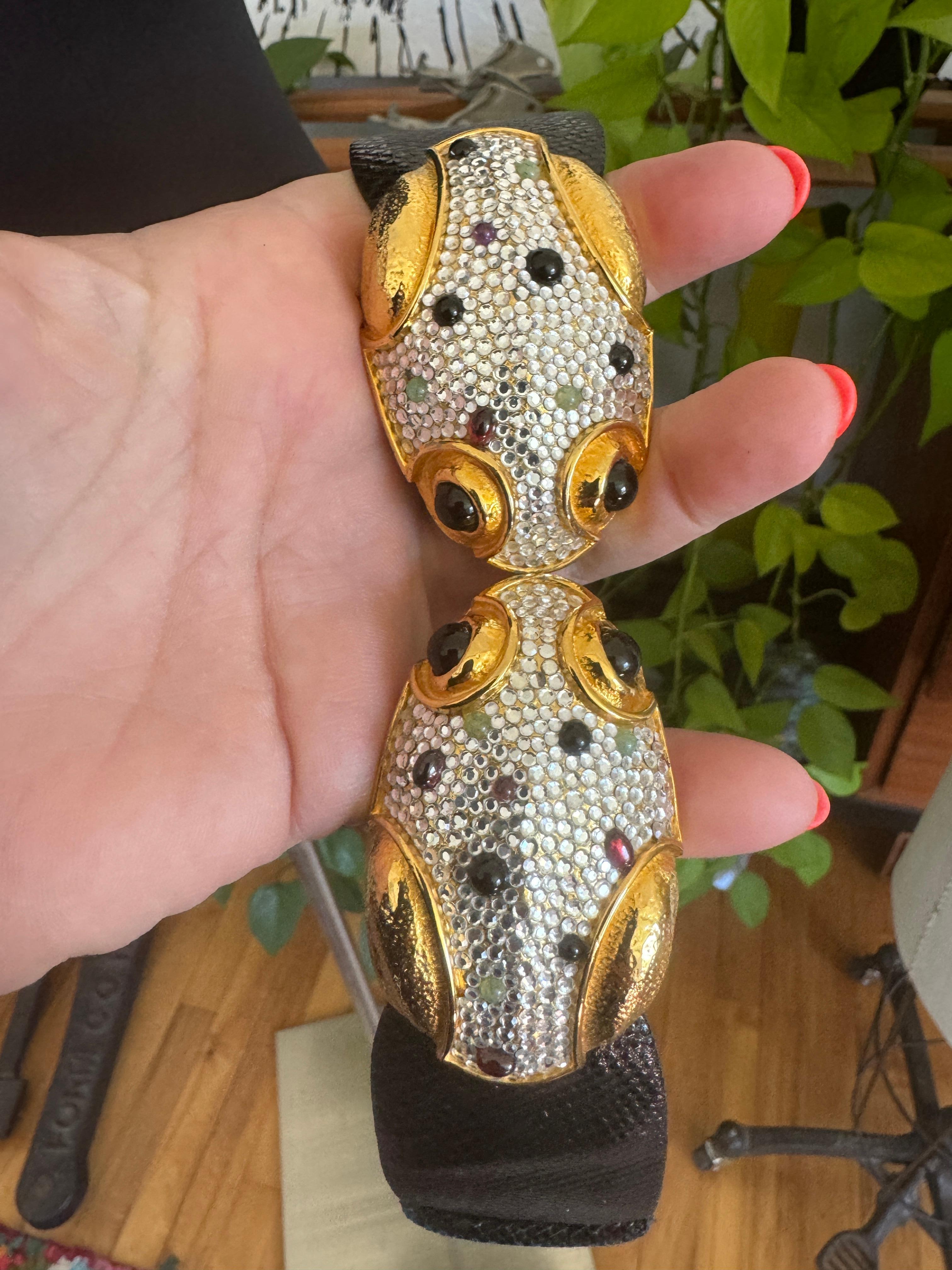 Women's or Men's Judith Leiber Belt Encrusted Double Frog Expandable 1980s For Sale