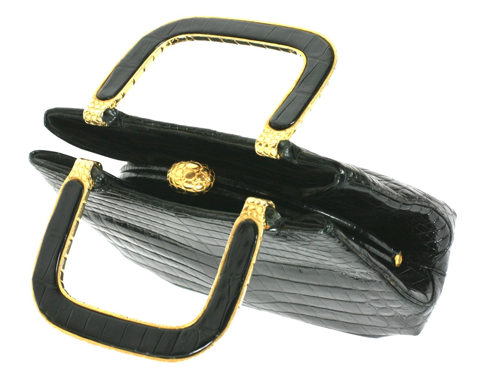 Judith Leiber Black Alligator Bag with Gilt Handles In Excellent Condition In New York, NY