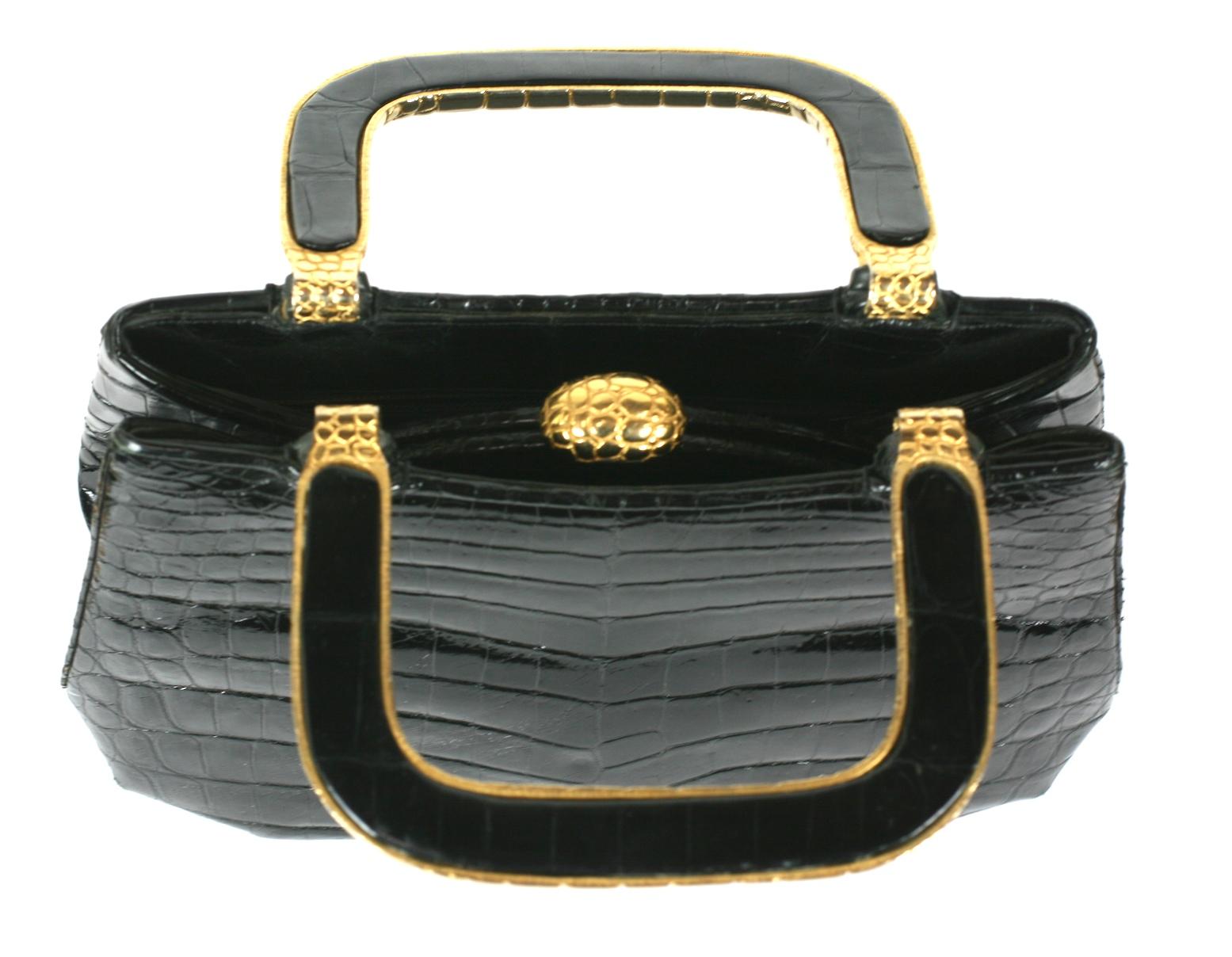 Judith Leiber Black Alligator Bag with Gilt Handles 2