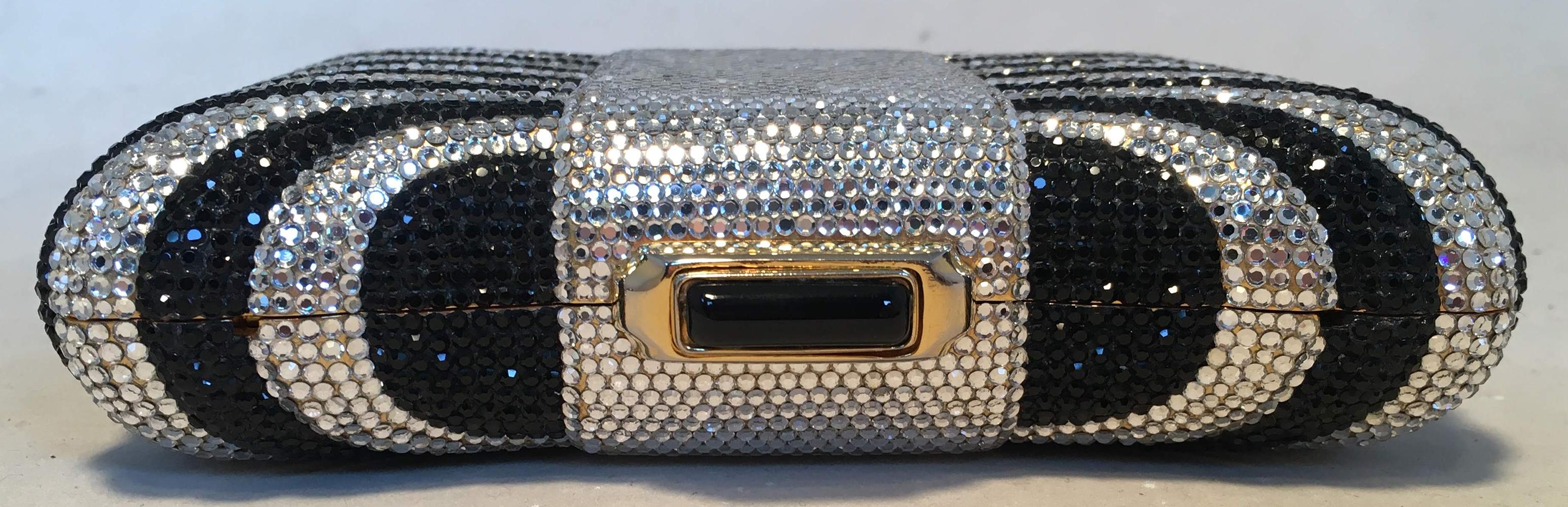 Judith Leiber Black and Silver Swarovski Crystal Minaudiere Evening Bag Clutch In Excellent Condition In Philadelphia, PA