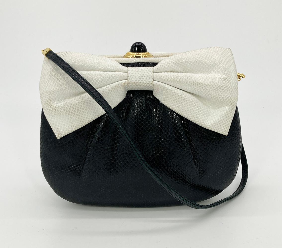 Judith Leiber Black and White Lizard Bow Front Clutch For Sale 5