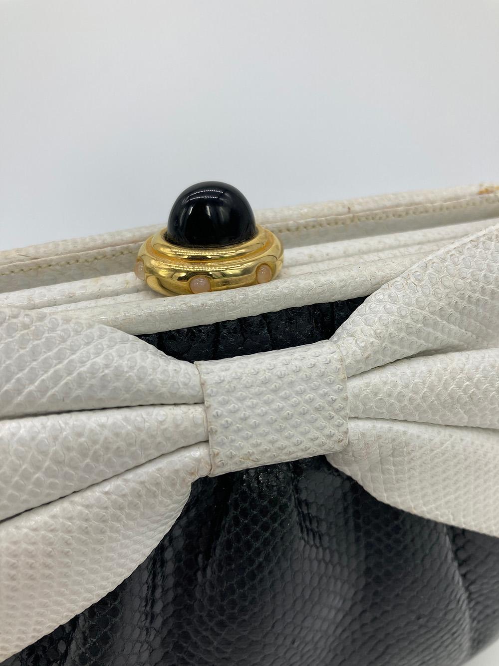Women's Judith Leiber Black and White Lizard Bow Front Clutch For Sale