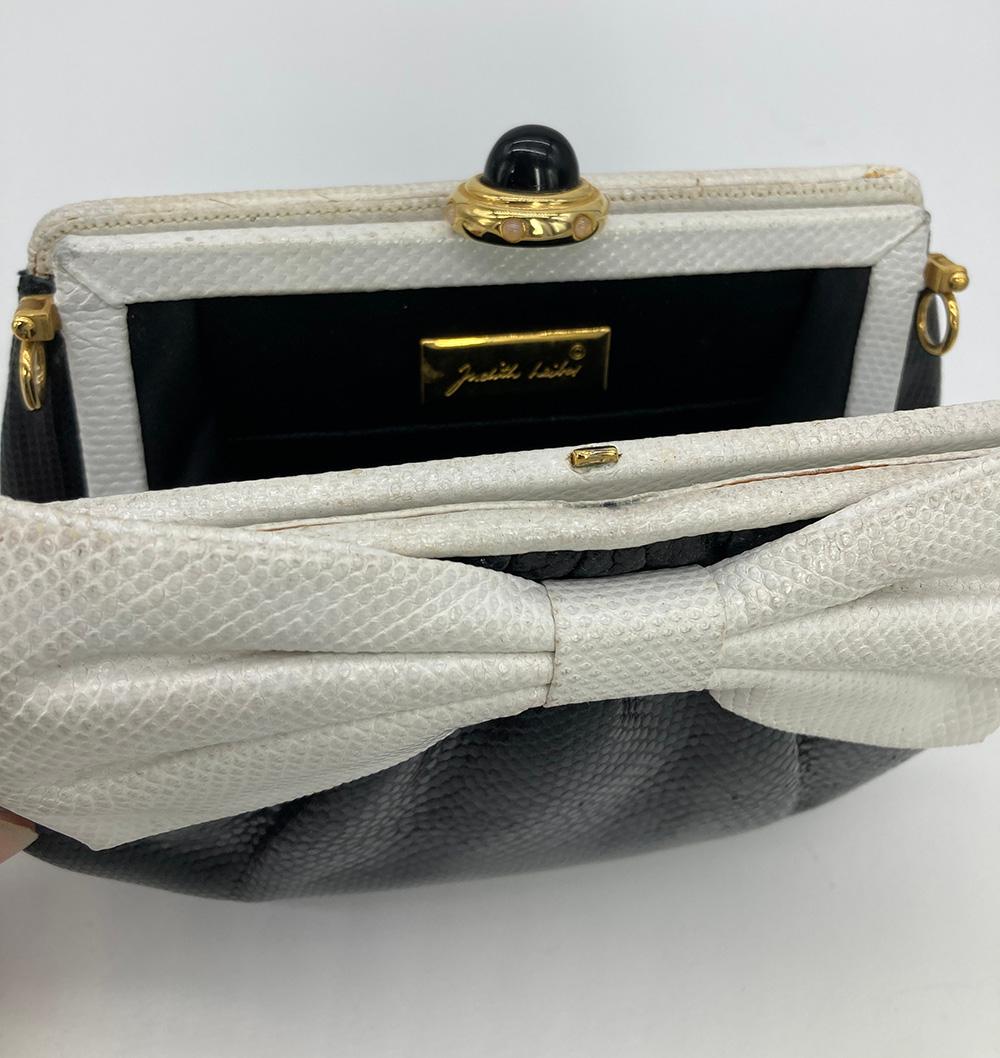 Judith Leiber Black and White Lizard Bow Front Clutch For Sale 2