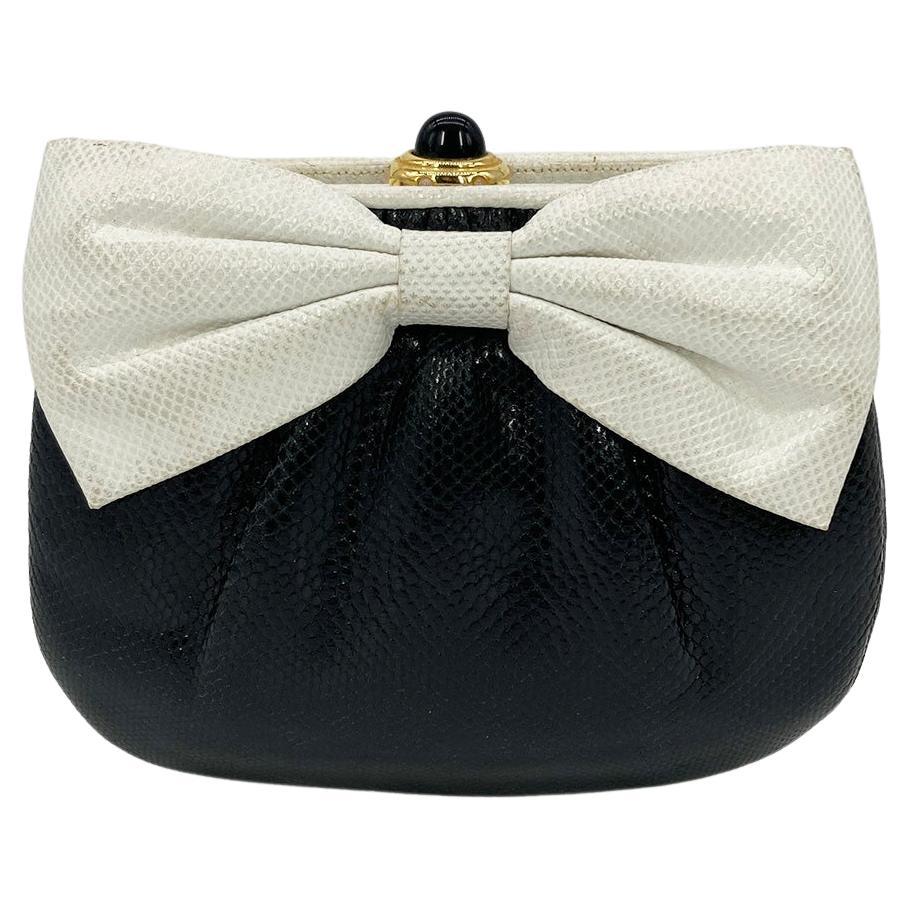Judith Leiber Black and White Lizard Bow Front Clutch For Sale