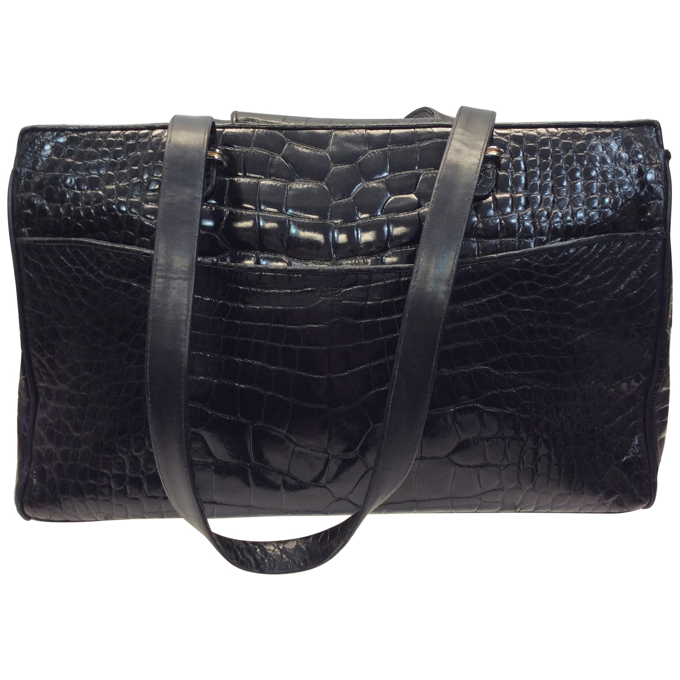 Judith Leiber Black Crocodile Shoulder Bag For Sale