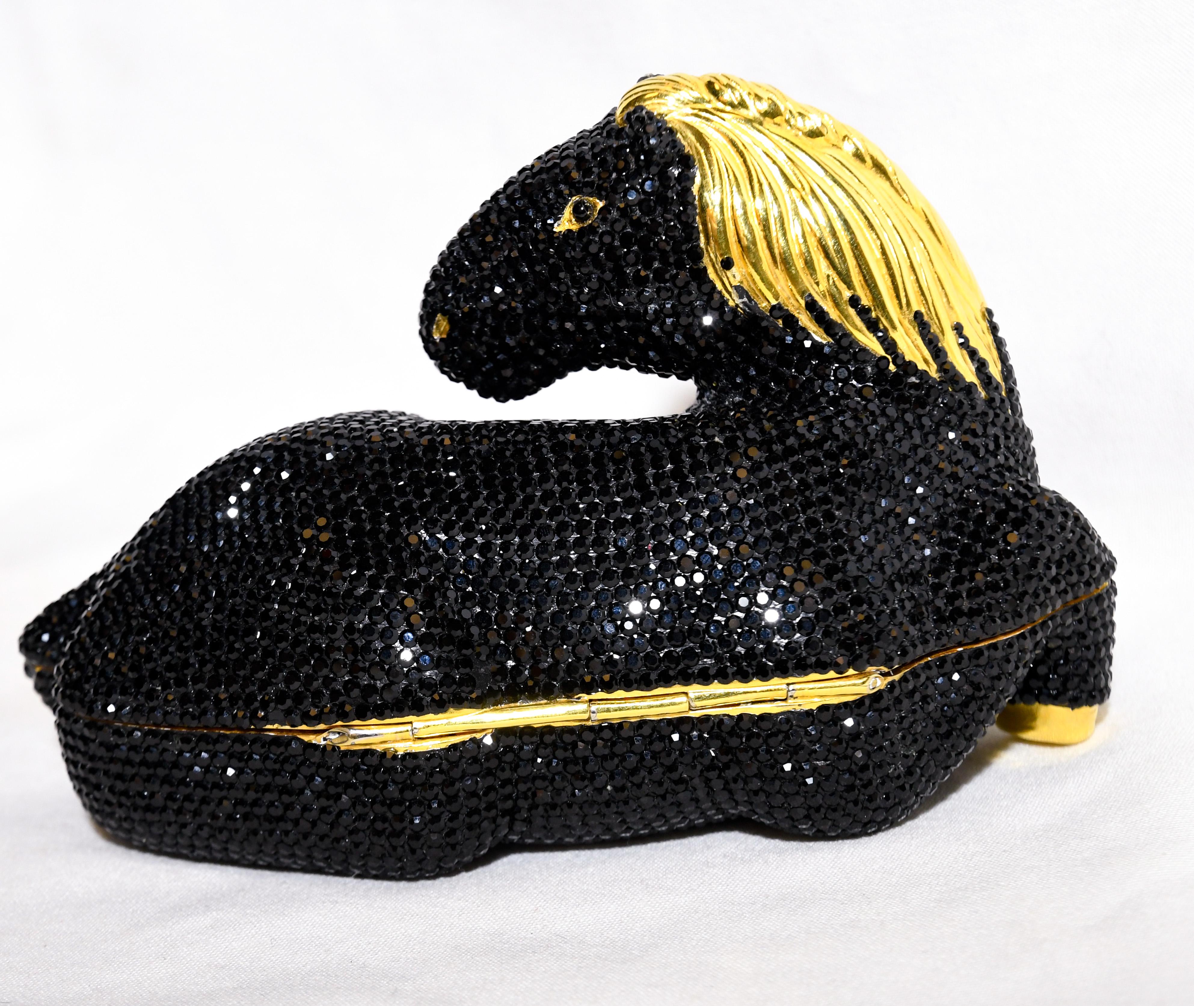 Judith Leiber Black Crystal Hard Shell Pony Minaudiere  In Excellent Condition For Sale In Palm Beach, FL